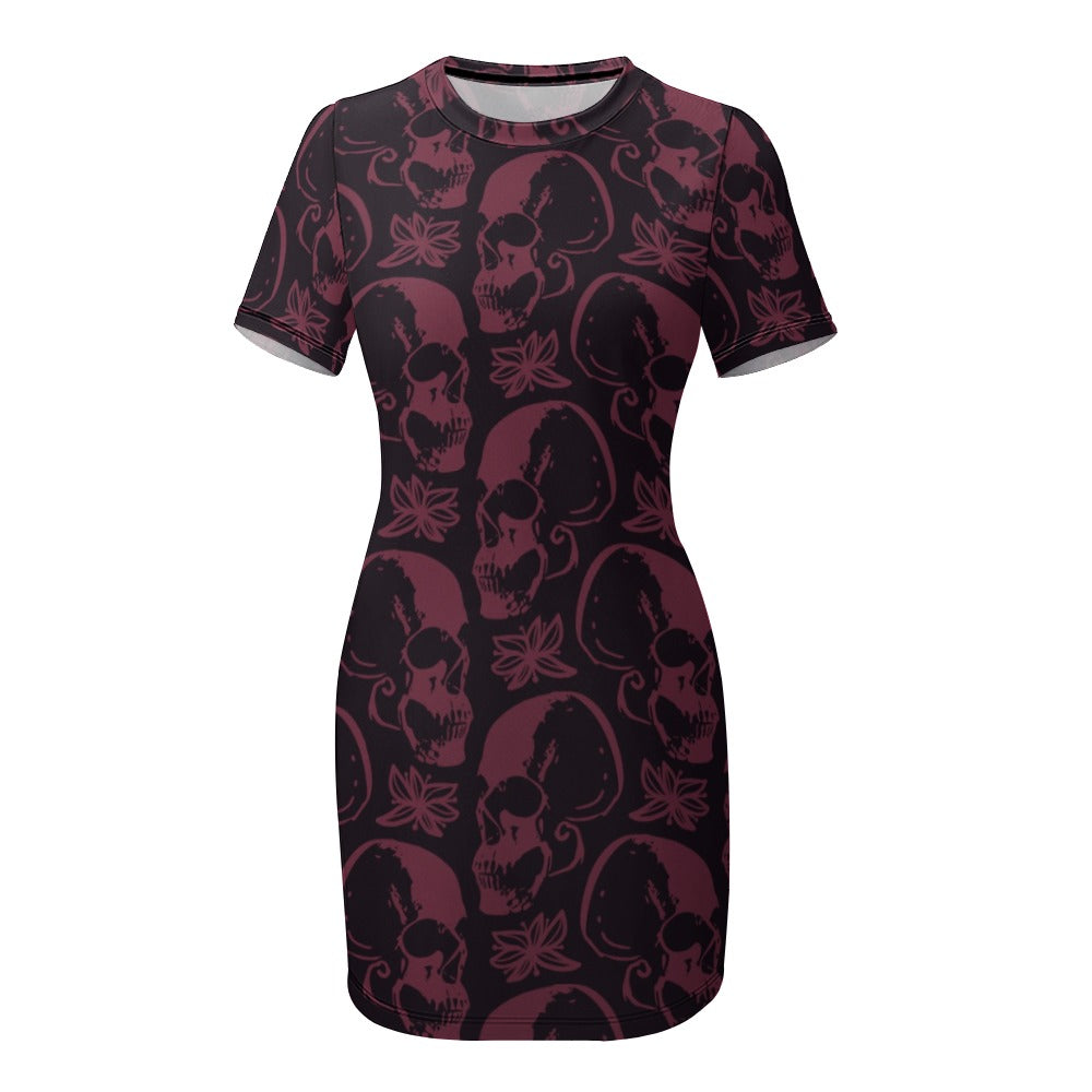 Purple Skulls Crew Neck Short Sleeve Dress for Women - Gothic Fashion, Casual Summer Outfit, Streetwear Style