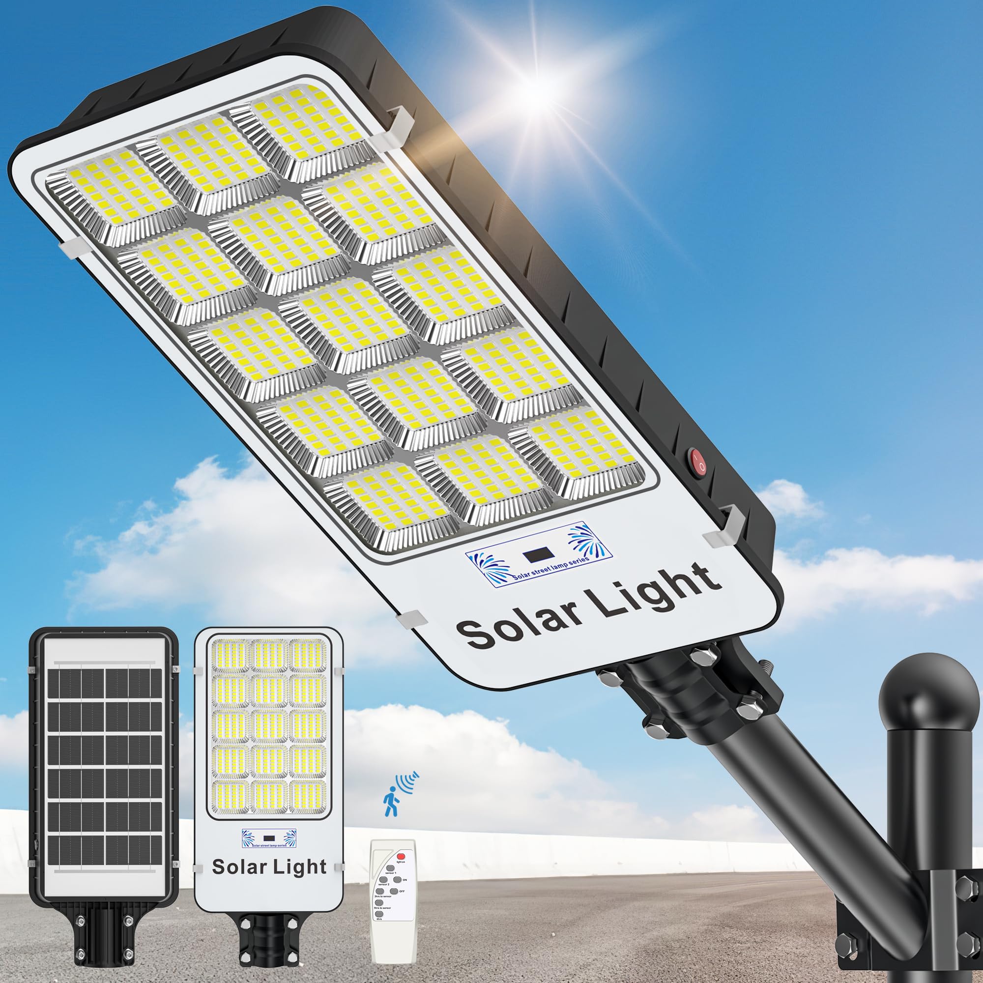 2000W Solar Street Lights Outdoor Waterproof - 6500K White Commercial Solar Parking Lot Lights with Motion Sensor, Dusk to Dawn, for Street, Yard, Garden, Pathway, Driveway, and Outdoor Security Lighting