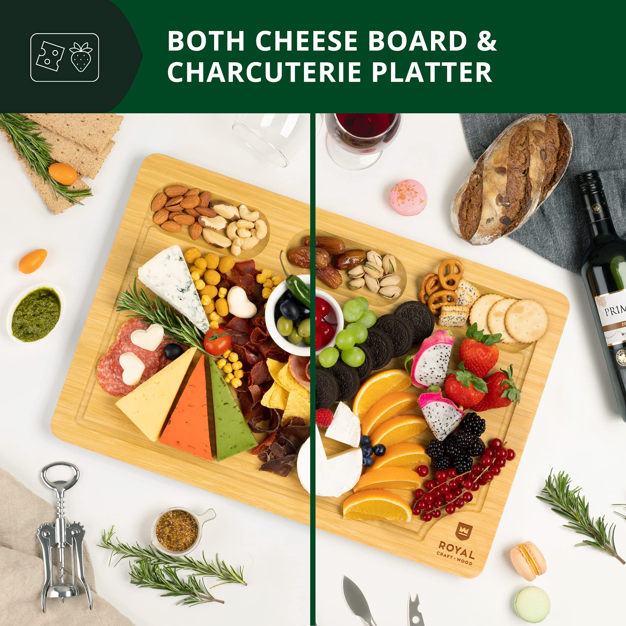 Premium Extra Large Wooden Charcuterie Board Set - Natural Bamboo Cheese & Meat Serving Tray with Handles - Perfect for Entertaining, Housewarming Gifts, Dinner Parties, Wine & Cheese Nights - Appetizer Platter for Charcuterie, Cheese, Fruits & Crackers