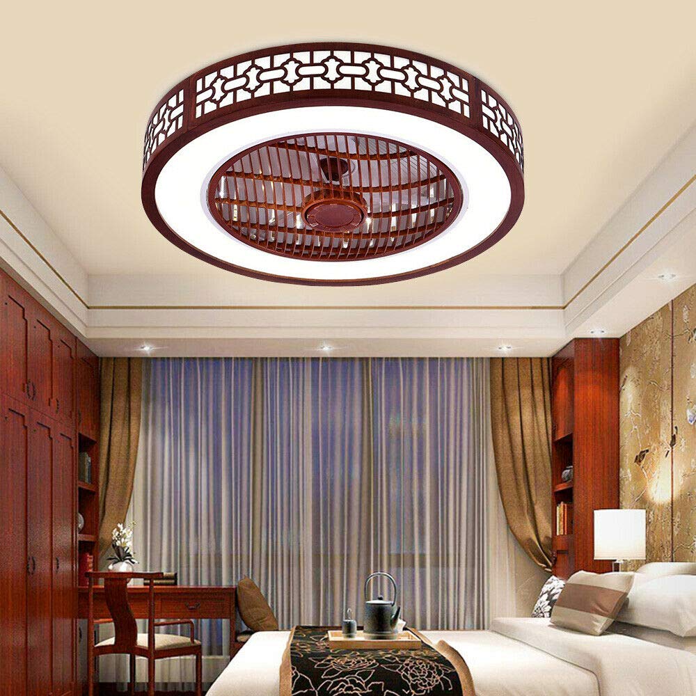 OUKANING Red Retro Low Profile Ceiling Fan with Lights - Remote Control, Dimmable LED, 3 Speed Settings - Flush Mount Bladeless Design (Japanese/Chinese/Thai Style) - Perfect for Bedroom, Living Room, Office & Dining Area - Energy Efficient & Quiet Operation