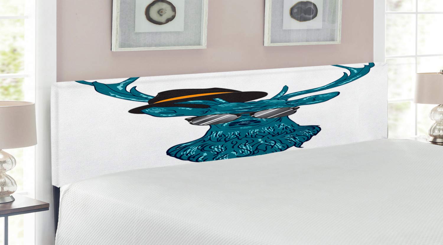 Ambesonne Antlers Headboard - Modern Deer Hipster Print with Glasses, Hat & Mustache - Upholstered Metal Bed Headboard with Memory Foam - King Size in Teal & Black - Perfect for Bohemian & Vintage Style Bedrooms