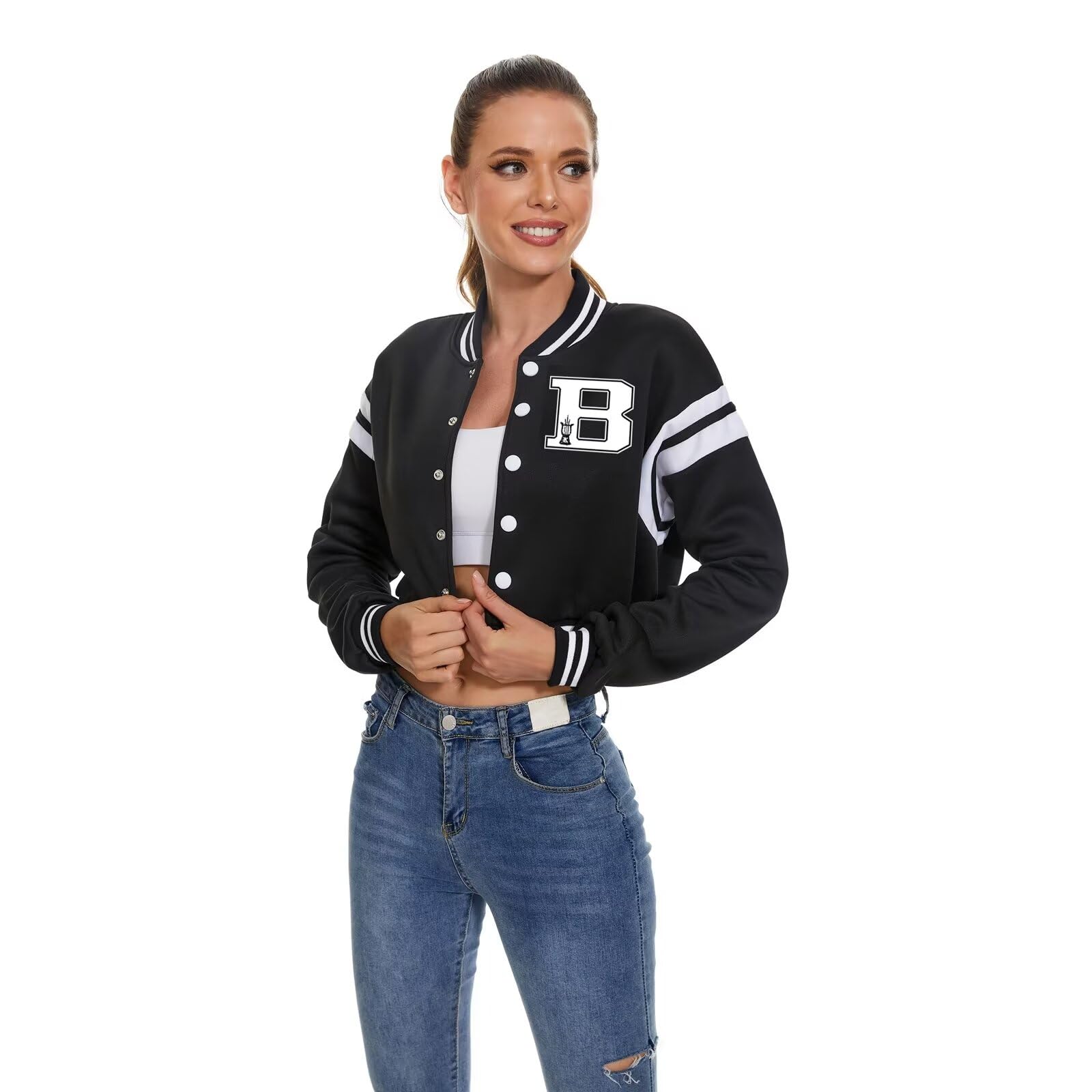 Vintage Women's Baseball Varsity Jacket - Letter Print Crop Top College Letterman Coat Bomber Jacket for Casual Wear & Street Style Outfits