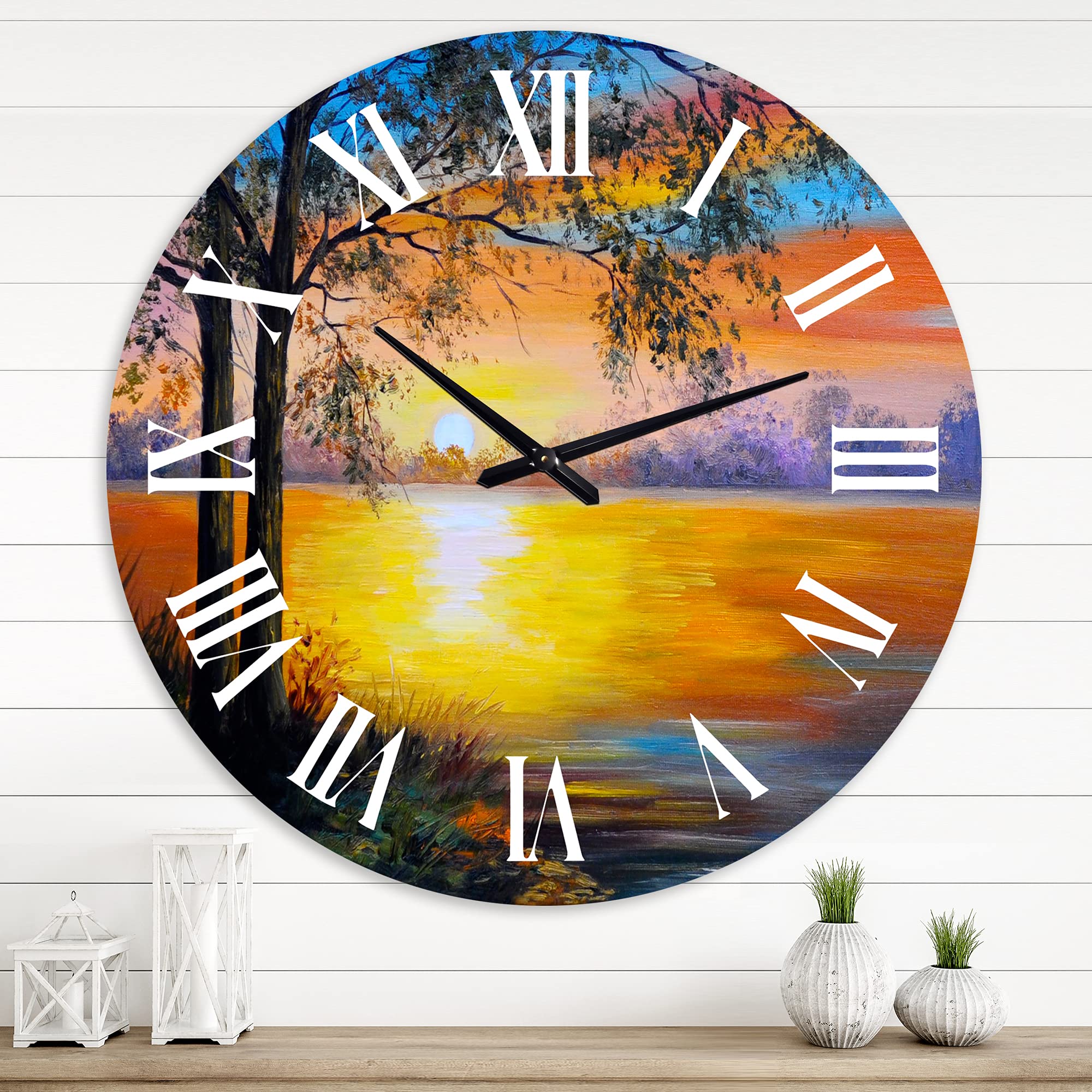 Evening Tree Near The Lake Landscape Wall Clock - Large Traditional Wooden Wall Clock for Living Room, Bedroom & Office Decor - Perfect for Home, Office and Gift Giving