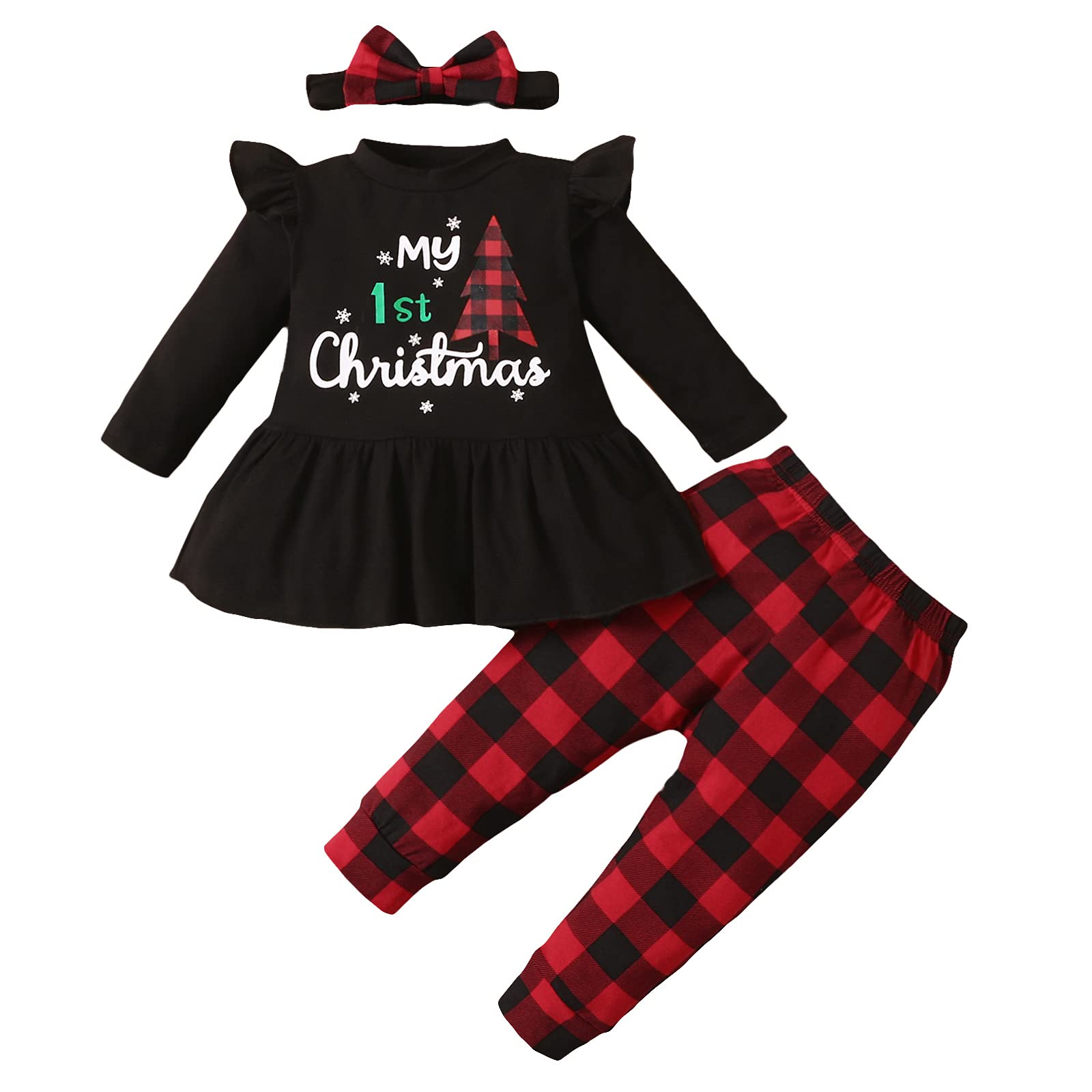 3pcs Baby Girl Christmas Outfits Set - Cute Holiday Shirt & Pants with Bow Headband for Toddlers | Perfect for Xmas Photos, Parties & Family Gatherings