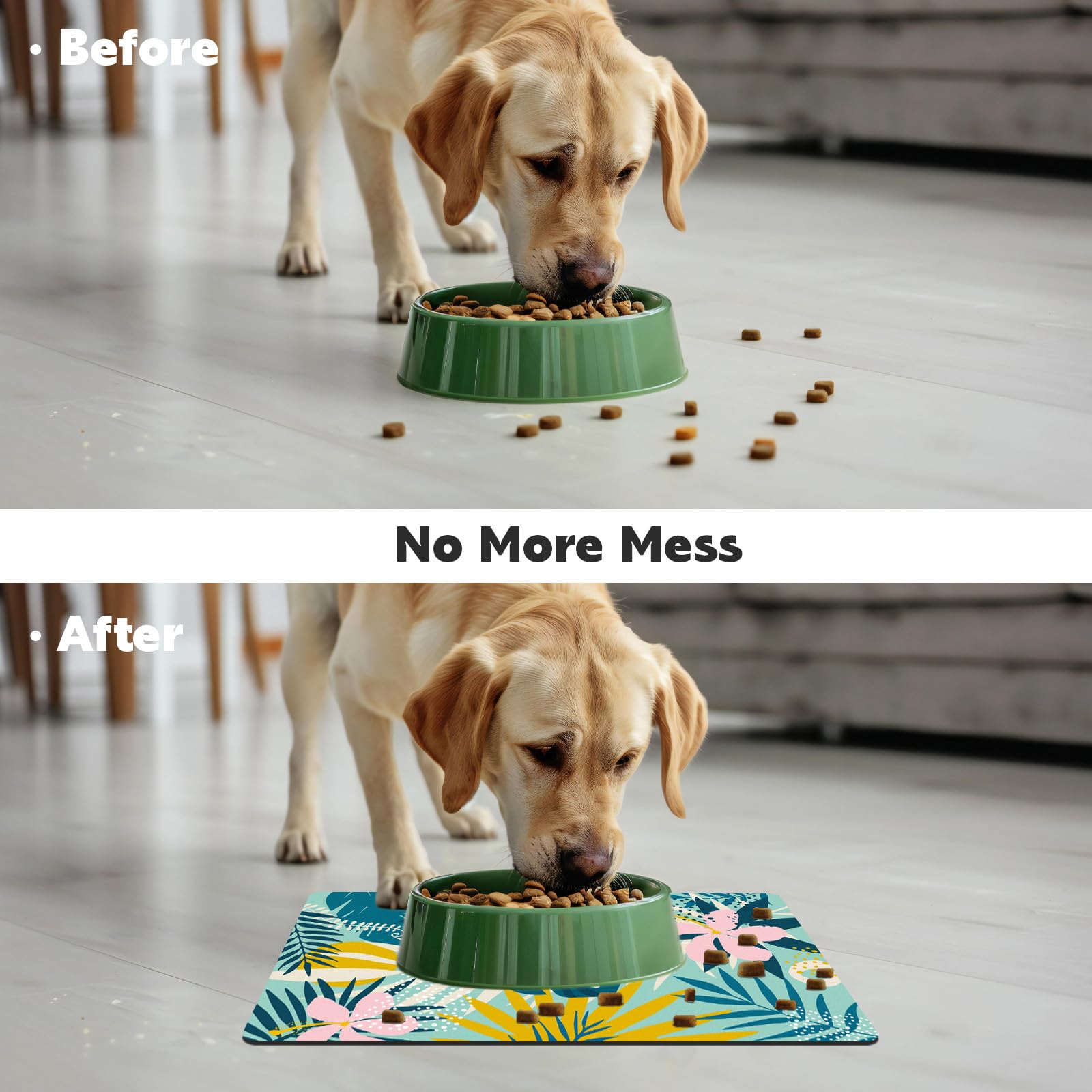 Quick Absorbent Pet Food Mat for Cats and Dogs - Non-Slip Waterproof Feeding Mat, Easy to Clean & Stain Resistant - 12x19 Inches Green Leaf Design - Perfect for Indoor Use Under Food Bowls