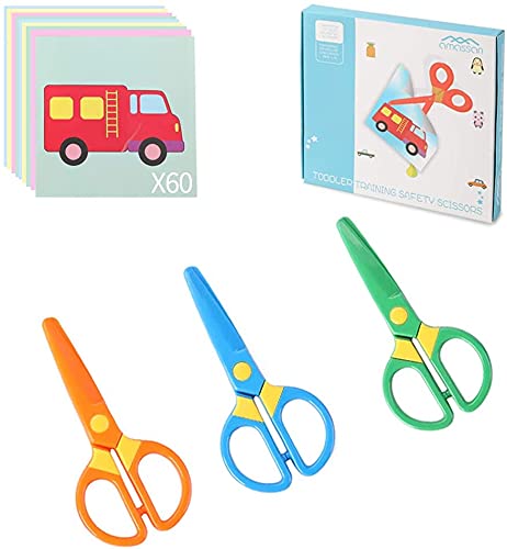 3PCS Kids Safety Scissors - Plastic Toddler Training Scissors for Preschool & Craft, Includes 60 Sheets Colored Paper for Cutting Practice - Perfect for Classroom, Homeschool & Art Projects