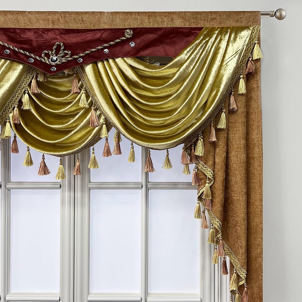 Custom Gold Chenille Valance Curtain with Beads - 110 Inch Wide Waterfall Swag Window Treatment for Living Room & Kitchen - Rod Pocket Design for Elegant Home Decor (Perfect for Bay Windows, Dining Rooms, and Bedroom Accents)