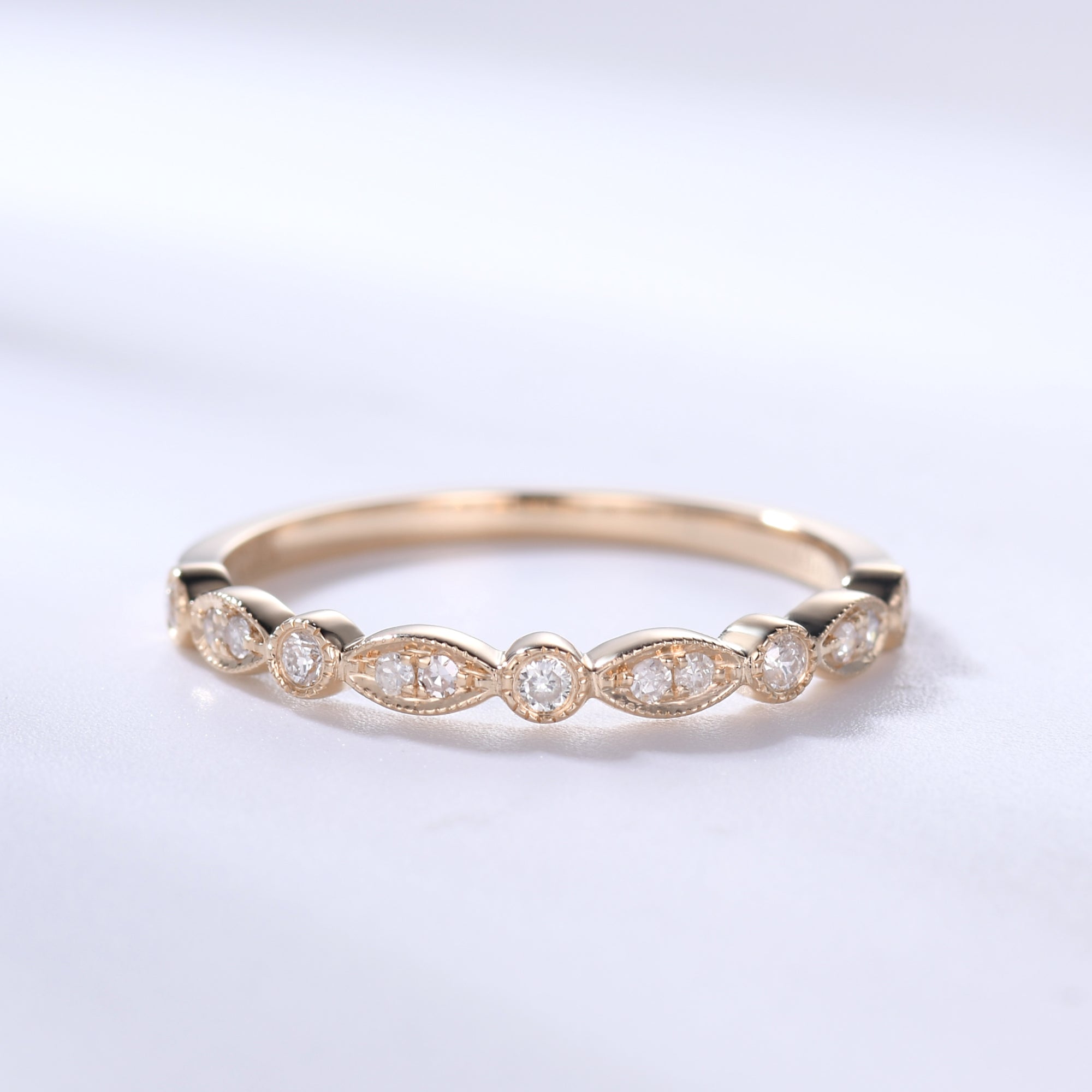 14k Rose Gold Antique Art Deco Diamond Wedding Ring for Women - Half Eternity Band with Milgrain Detailing - Perfect for Anniversaries, Engagements & Special Occasions