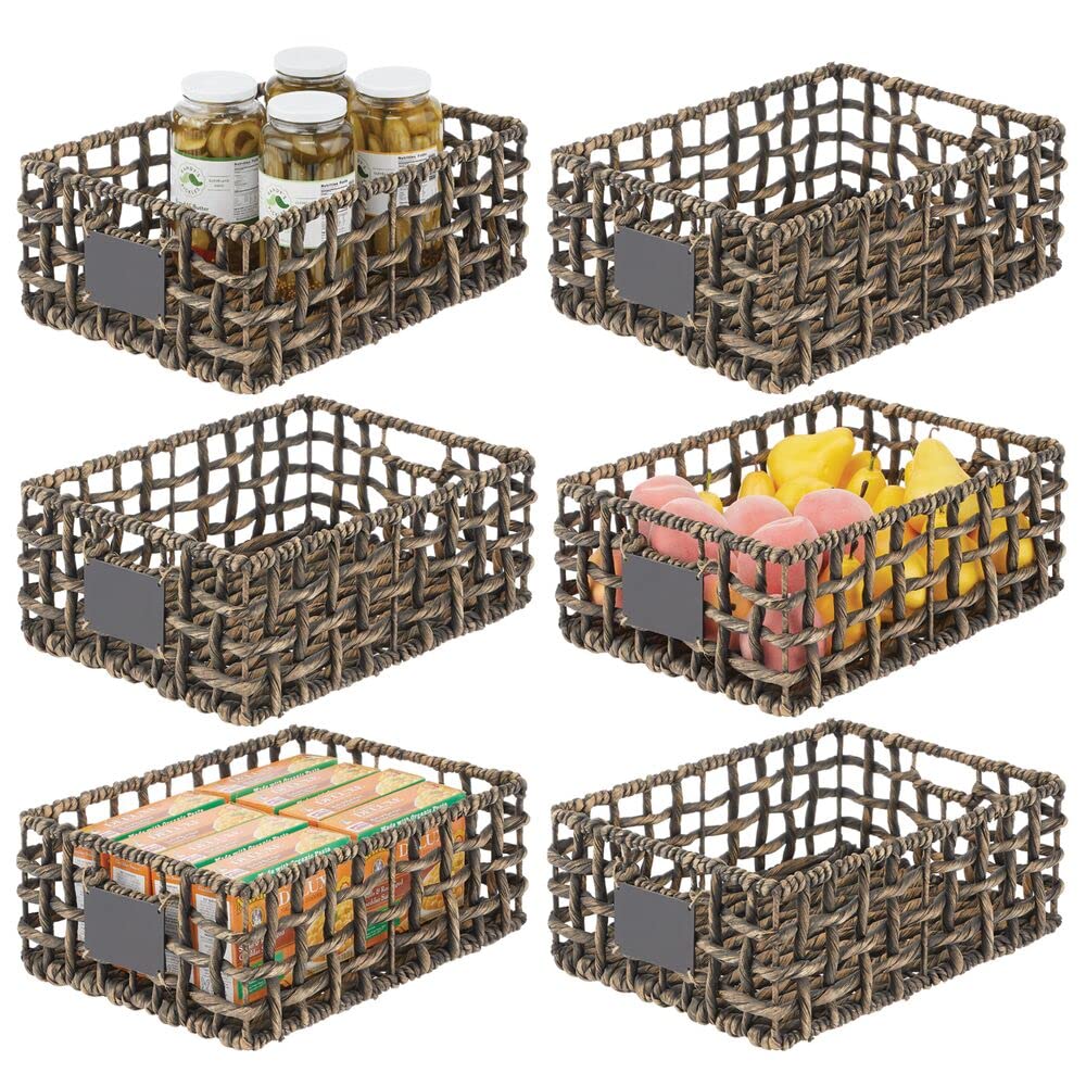 mDesign 6-Pack Black Wash Water Hyacinth Open Weave Pantry Baskets with Chalkboard Labels - 16