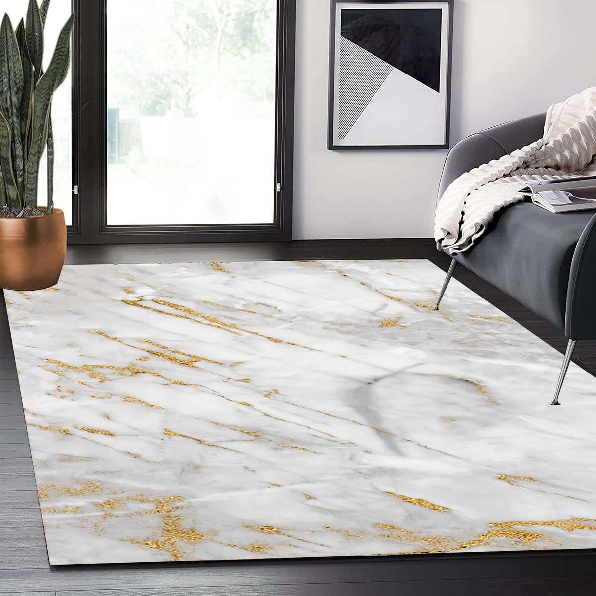Beige Gold Marble Pattern Modern Abstract Area Rug 6x9 ft - Non-Shedding Luxurious Art Deco Carpet - Washable Soft Living Room Rug for Bedroom, Dining Table & Home Office - Retro Floor Decor for Modern Spaces