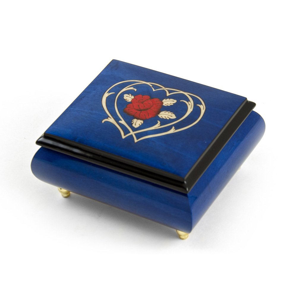 Radiant Blue Musical Jewelry Box with Double Heart & Red Rose Inlay - Elegant Music Box with Hidden Compartment - Classic Melodies Selection - Perfect Gift for Daughter (Daddy's Little Girl Song) - Jewelry Storage & Keepsake Organizer for Bedroom Dresser