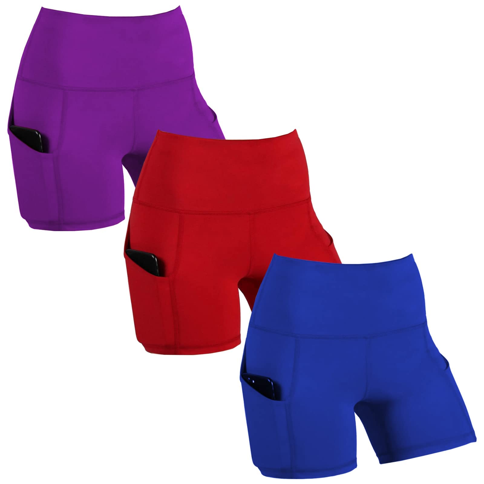 NEWITIN 3 Pack High Waist Workout Shorts for Women - Yoga, Running & Gym Shorts with Side Pockets - Comfortable Athletic Shorts for Fitness, Lounge & Summer Wear