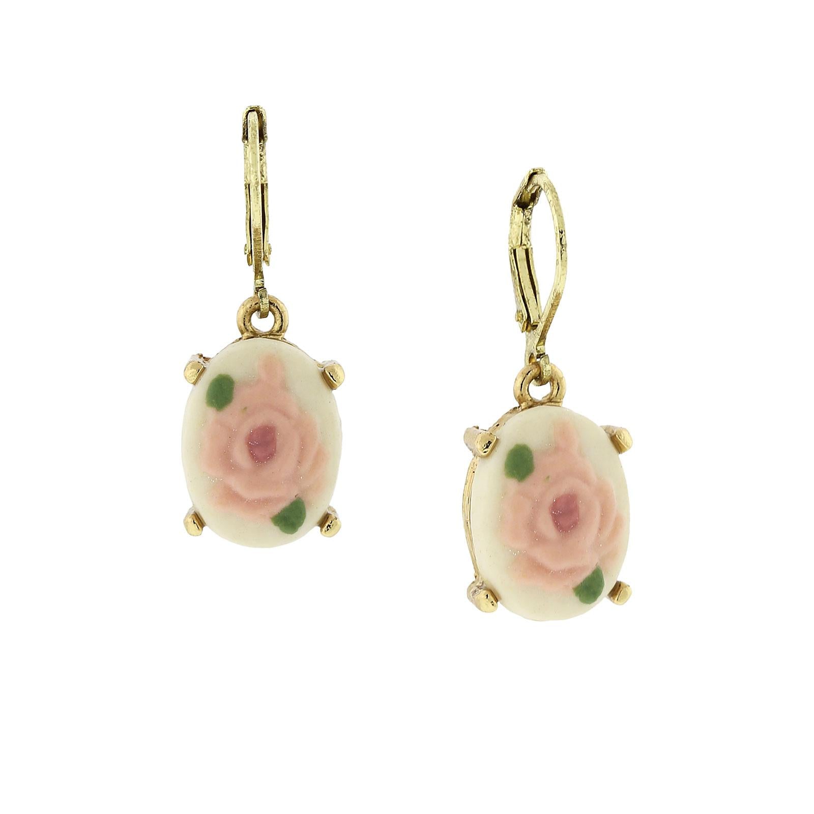 Vintage 1928 Pink & Ivory Porcelain Rose Cameo Drop Earrings – Elegant Dangle Jewelry for Women, Perfect for Weddings, Parties & Special Occasions