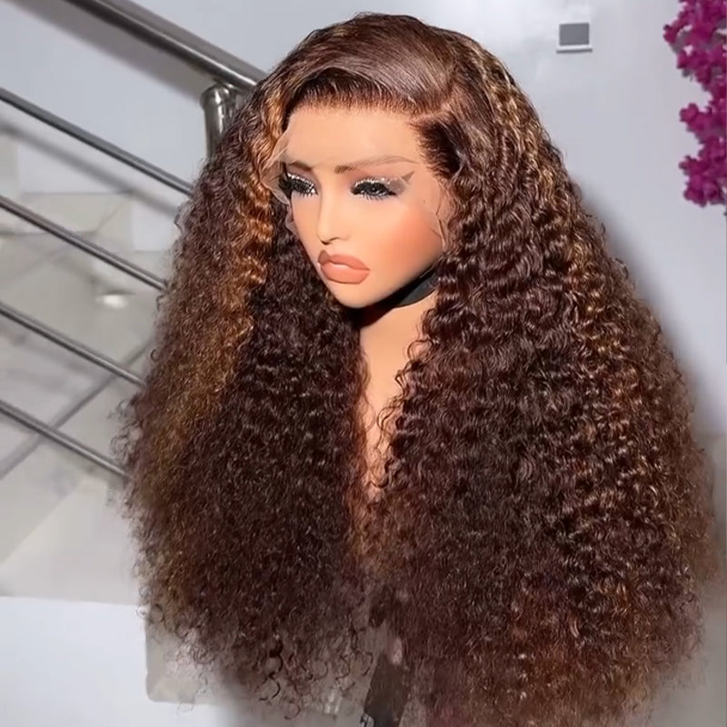 Eullair Brown with Honey Blonde Kinky Curly Human Hair Lace Frontal Wig - Glueless Lace Wigs for Women | Perfect for Daily Wear, Parties & Special Occasions