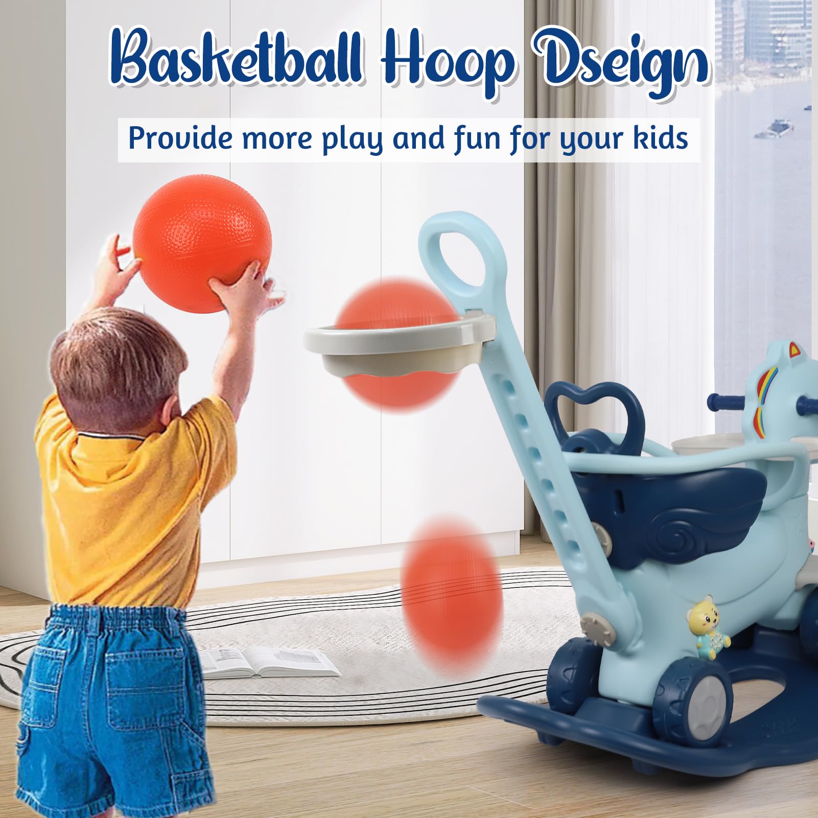 **4-in-1 Rocking Horse & Balance Bike for Toddlers 1-3 Years Old – Push Handle, Backrest & Balance Board – Unicorn Ride-On Toy for Boys & Girls – Perfect for Indoor Play, Birthday Gifts & Early Learning (Blue)**