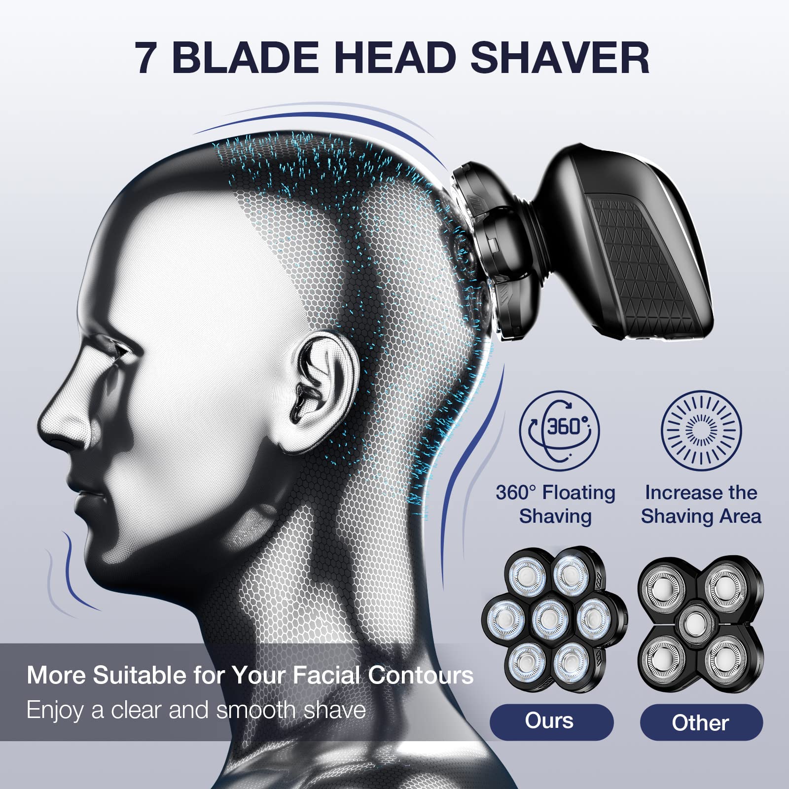Wyklaus 7D Head Shaver for Bald Men - Electric Razor with Hair Trimmer, Waterproof Wet/Dry Grooming Kit, Anti-Pinch Technology (Black) - Perfect for Travel, Home Use & Quick Head Shaving