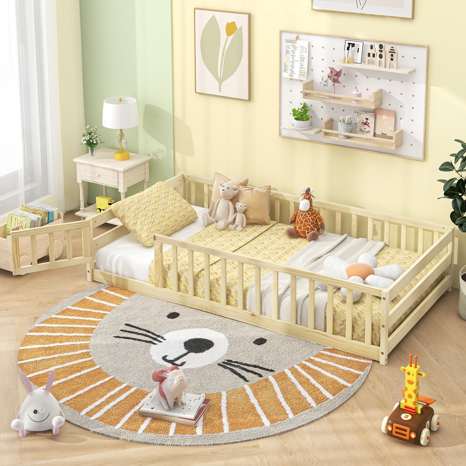 **Giantex Twin Floor Bed with Door & Safety Fence - Wooden Montessori Kids Bed Frame for Boys & Girls, No Box Spring Needed, Natural Finish - Perfect for Montessori Rooms, Toddler Bedrooms & Play Areas**