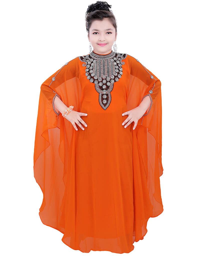 Arabic Orange Georgette Farasha Dress with Hand Zari Embroidery - Elegant Party Wear for Weddings & Special Occasions