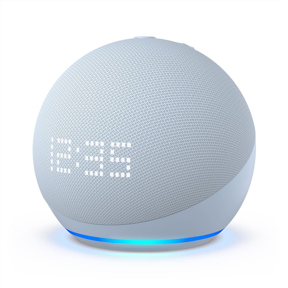 Like-New Echo Dot (5th Gen, 2022) Smart Speaker with Alexa & LED Clock Display - Cloud Blue | Voice Control Music, Weather, Alarms & Smart Home Devices | Perfect for Bedroom, Office & Kitchen