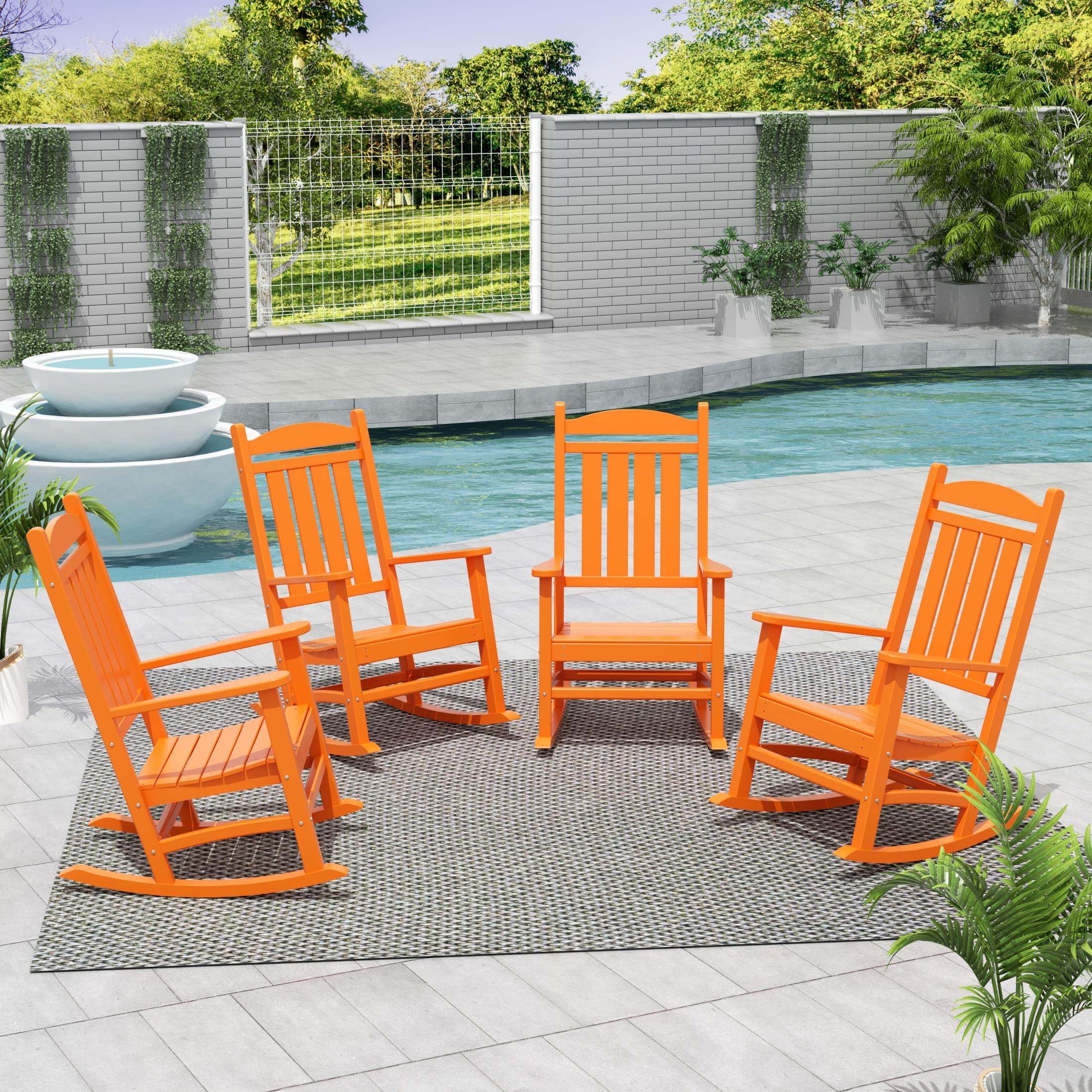 WO Home Furniture 4-Piece Patio Rocking Chair Set - Traditional Outdoor HDPE Rockers with UV Weather Resistance (Orange) - Perfect for Backyard, Garden, Poolside & Porch Relaxation
