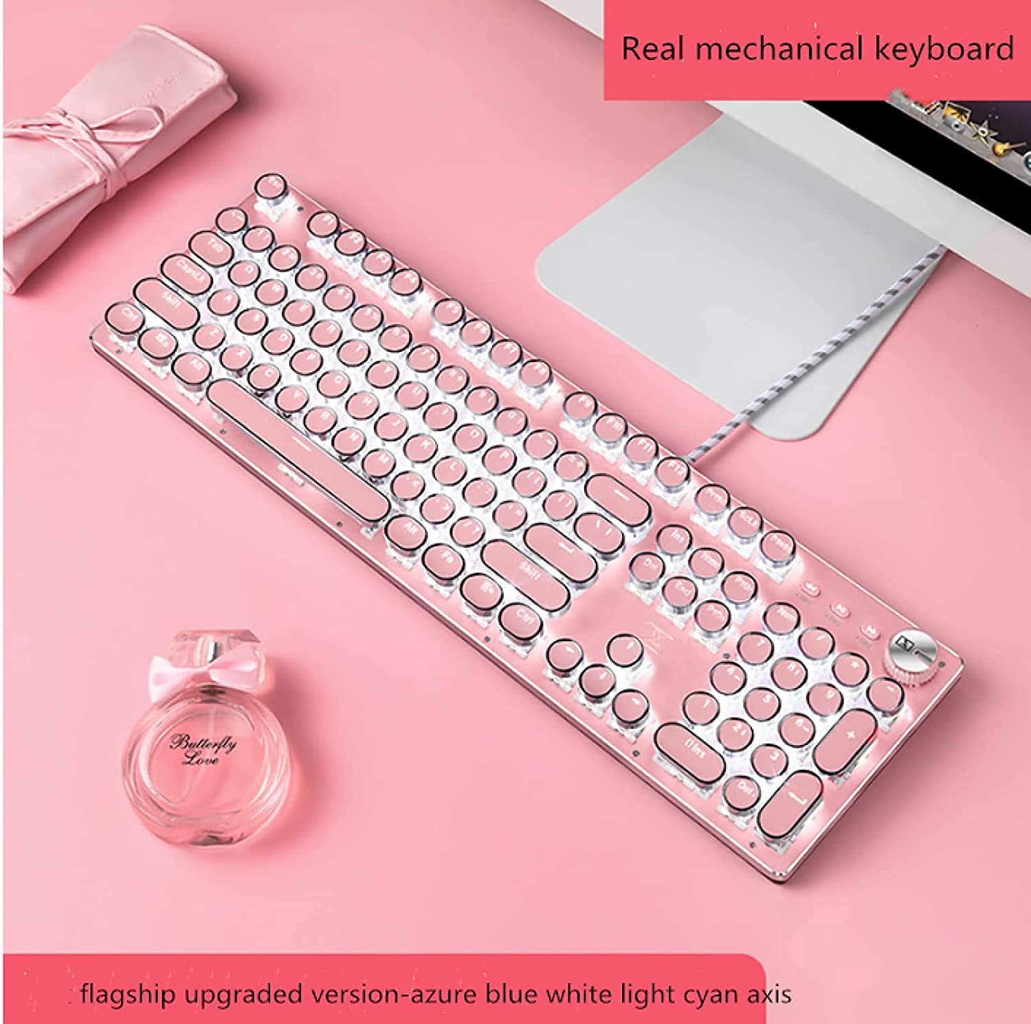 Cherry Pink Mechanical Keyboard and Mouse Set for Girls - Retro Round Keycaps, RGB Backlit, Wired USB Gaming Keyboard - Perfect for Gaming, Typing, and Office Use