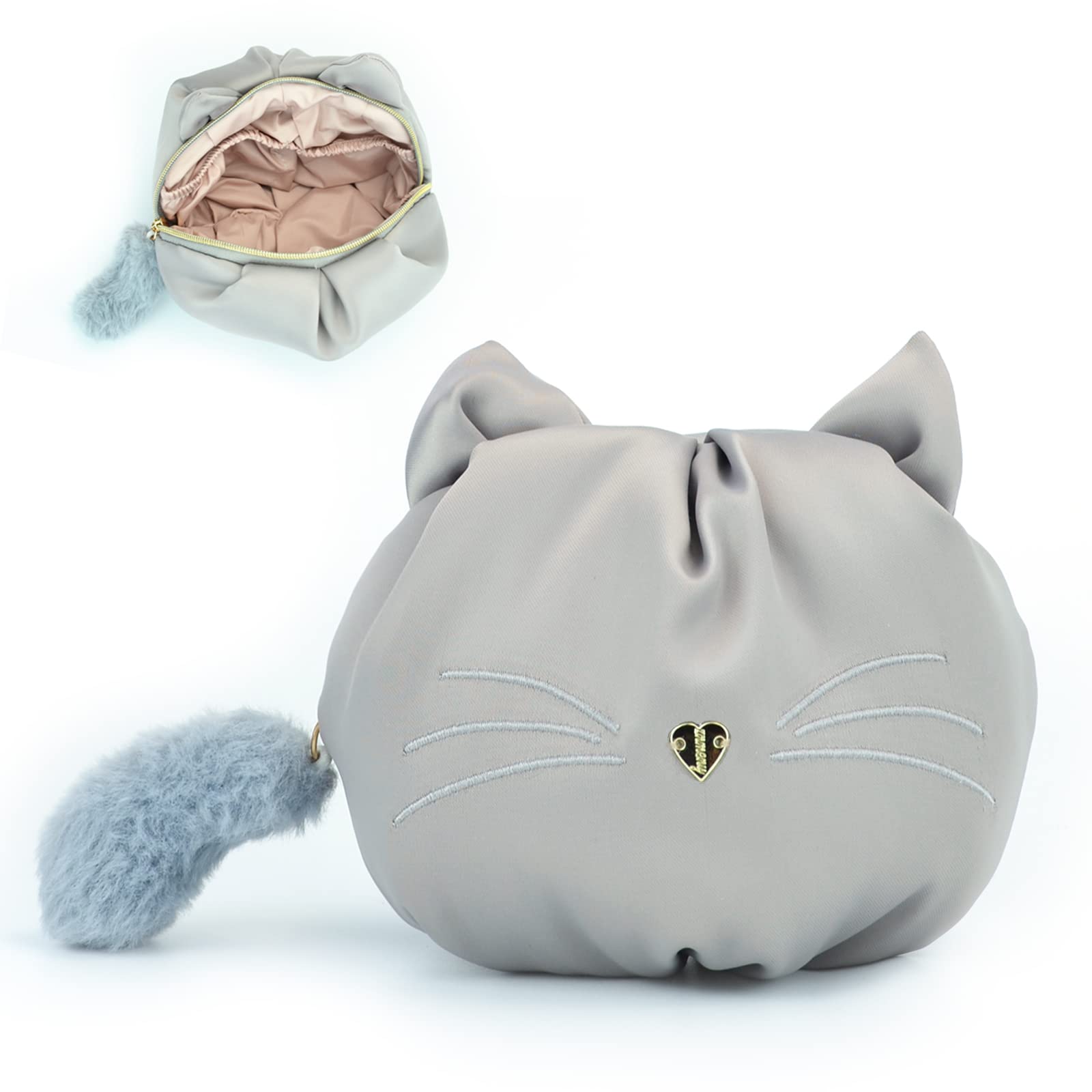 Cat Shaped Makeup Bag for Women - Small Cosmetic Pouch & Travel Toiletry Organizer | Portable Cosmetic Accessories Case | Perfect Gift for Girls & Women | Ideal for Travel, Gym & Daily Use (Gray)