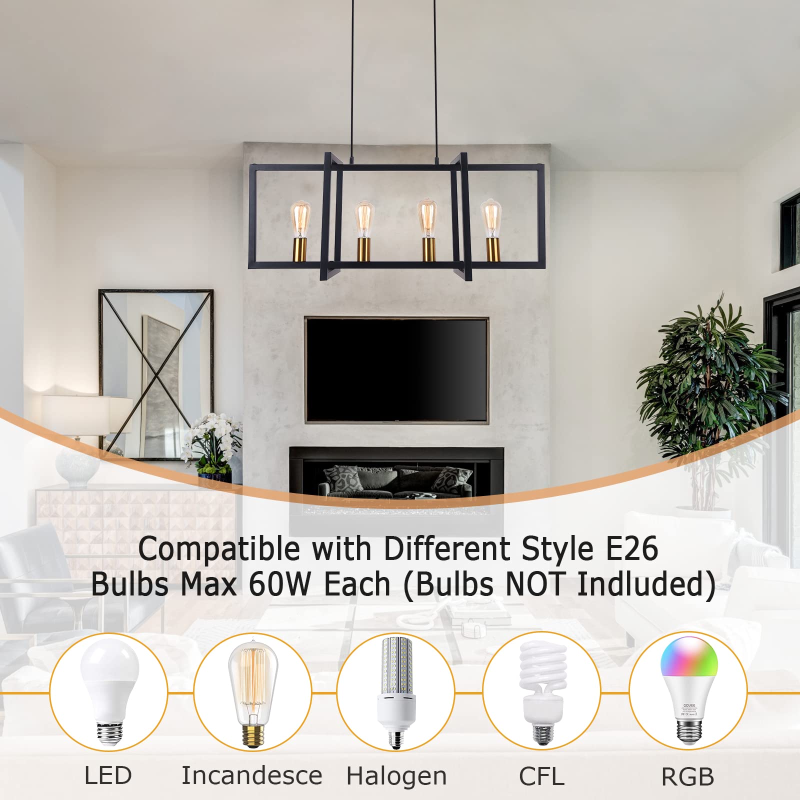 Modern 4-Light Industrial Pendant Lighting Fixture - Antique Brass Finish Linear Hanging Light for Kitchen Island, Dining Room & Bar Counter