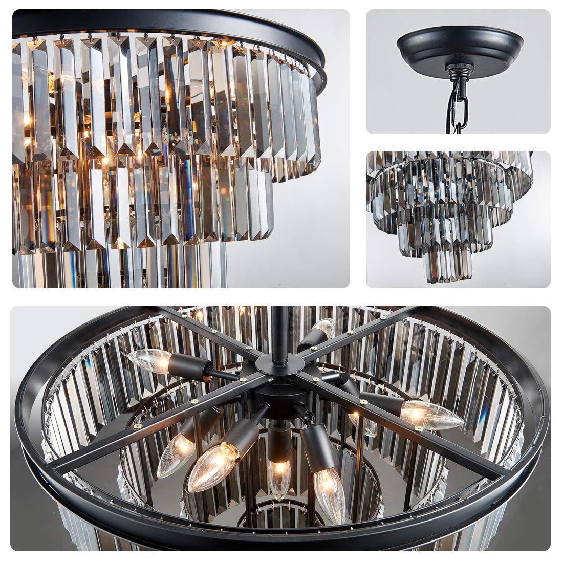 Luxury Black Smoke Crystal Chandelier - 4-Tier Modern Pendant Ceiling Light Fixture for Dining Room, Living Room, Bedroom & Girls Room (23.6