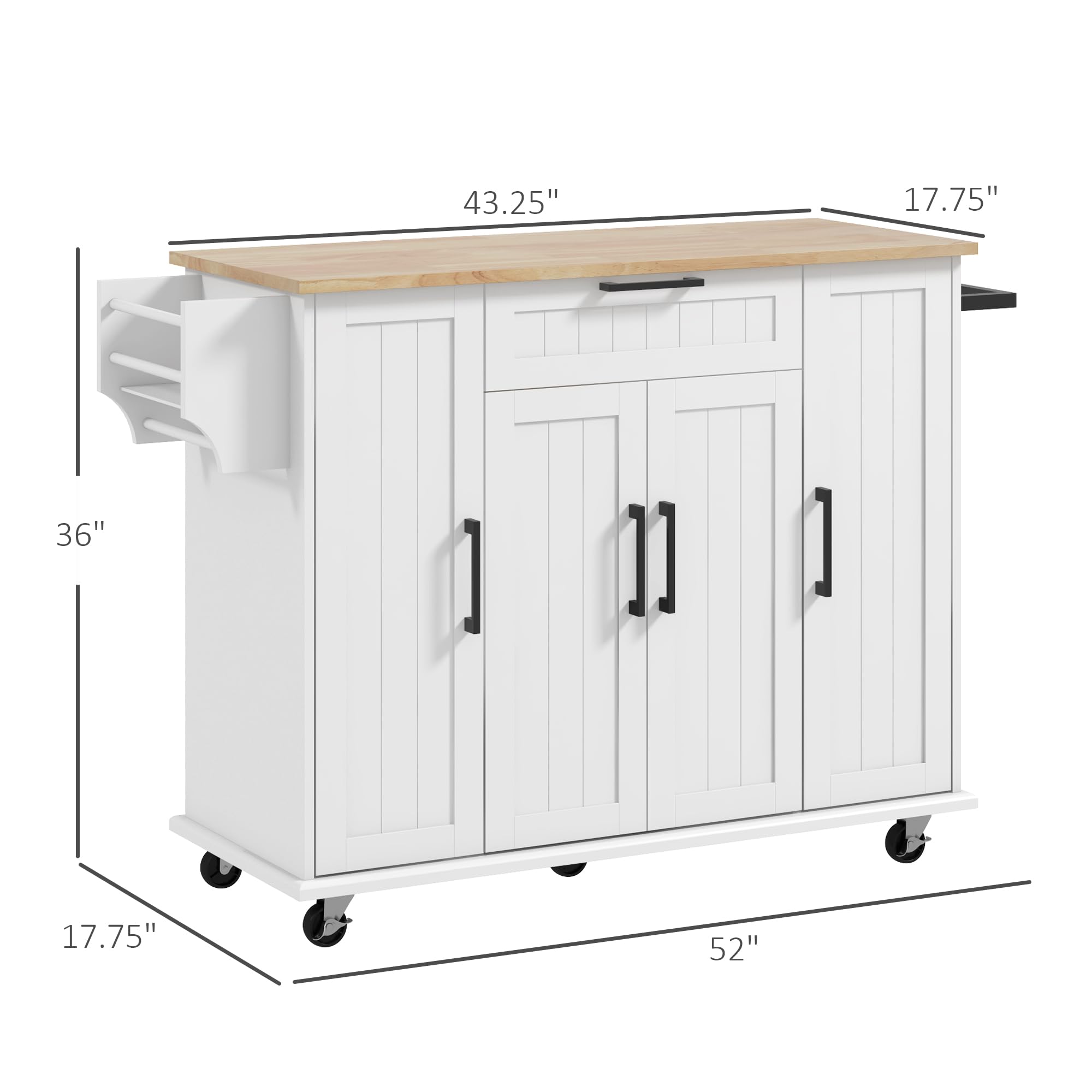 HOMCOM White Kitchen Island Cart on Wheels with Rubberwood Top - Rolling Kitchen Storage Cabinet with Drawer, Spice Rack, Towel Rack & Adjustable Shelves - Perfect for Small Kitchens, Apartments & Food Prep Stations