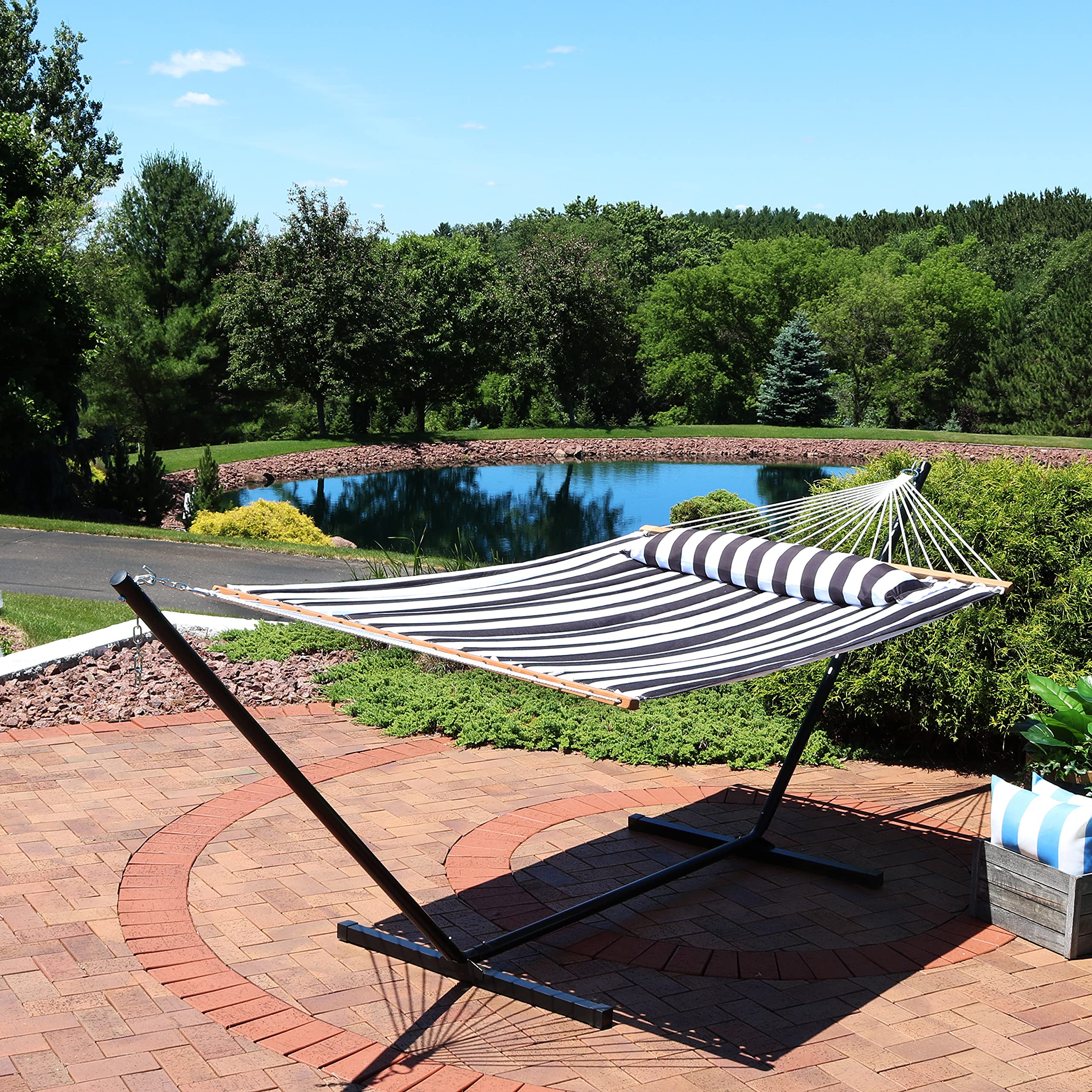 Sunnydaze Quilted Double Hammock with Stand for Outdoor Relaxation - 350lb Weight Capacity 2-Person Hammock with 12ft Steel Stand - Black & White Stripe Design - Perfect for Backyard, Patio, Camping & Beach Use