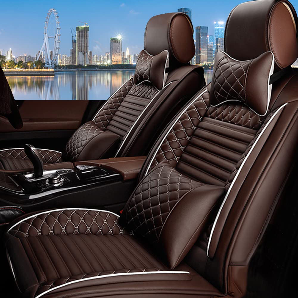 Universal 2-Piece Front Seat Covers for Santa Cruz - Waterproof Leatheratte Car Seat Protectors with Pillow (Coffee Color, MBZ-001) - Perfect for Road Trips, Commuting & Protecting Leather Seats