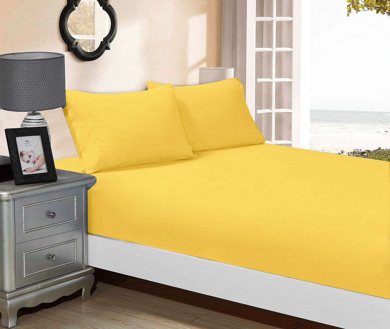 1000 Thread Count Ultra Soft Fitted Sheet & 2 Pillowcases Set - Queen Size Bed Sheets in Yellow - Luxury Bedding for Comfortable Sleep & Hotel Style Bedroom Decor