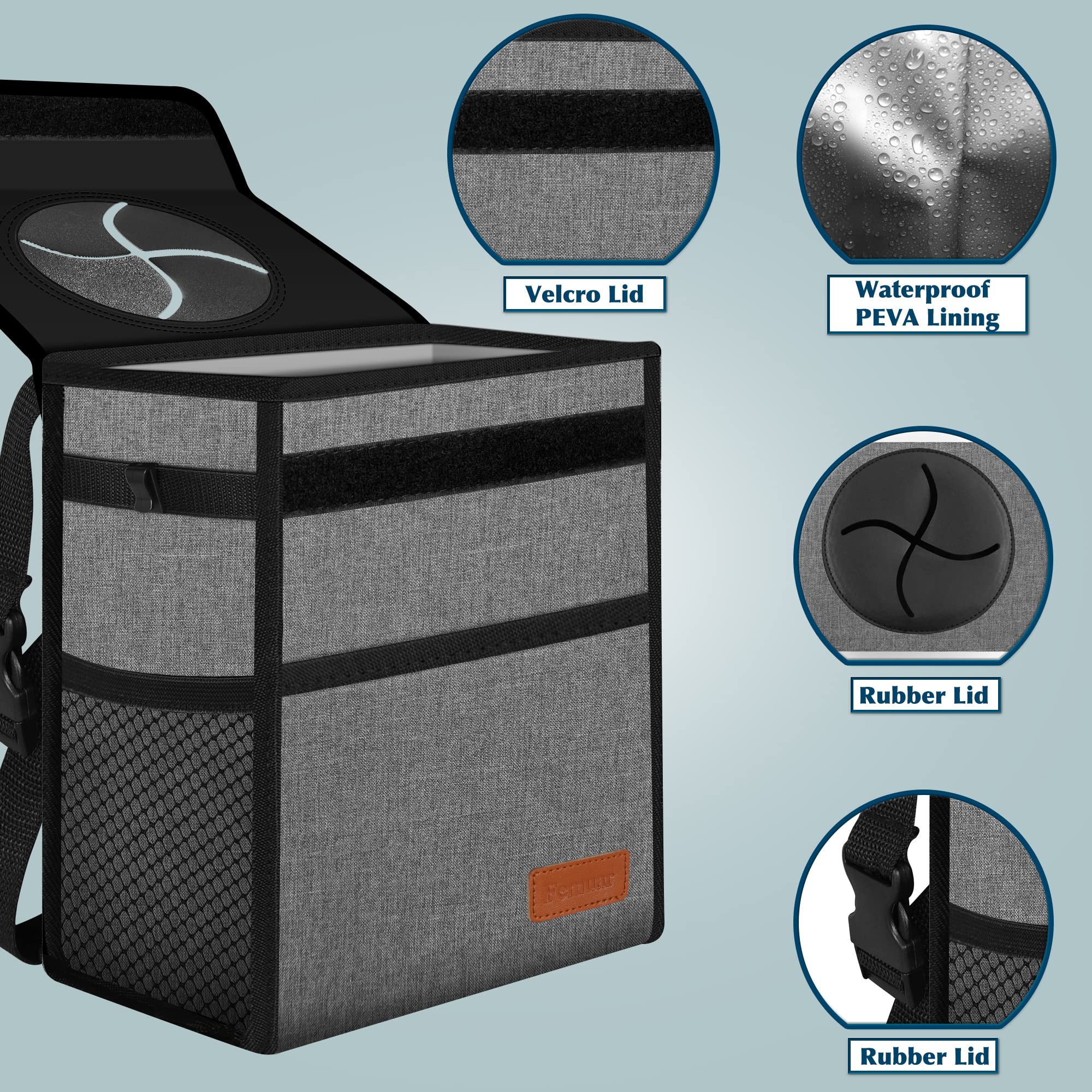 Femuar Leak Proof Waterproof Car Trash Can with Lid - Collapsible Hanging Garbage Bag for SUV Front Seat, Portable Car Trash Organizer with Storage Mesh Pocket, Grey - Ideal for Road Trips, Commuting, and Family Travel