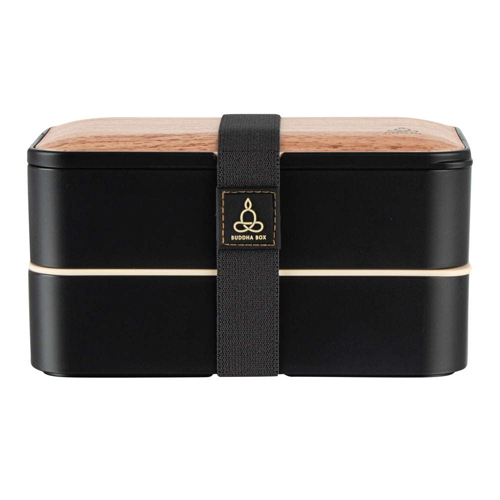 Bento Tek 41oz Wood Grain & Black Buddha Lunch Box with Utensils & Sauce Cup - 7.25
