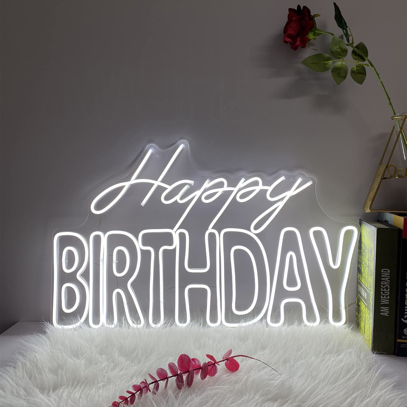 27.5 x 17 Inches Happy Birthday Neon Sign - Large Wall Decor with Dimmer Switch, 12V Reusable Party Lights for Birthday, Wedding, Anniversary & Home Decor - Perfect for Indoor & Outdoor Celebrations (27.56 x 17.32in, White)