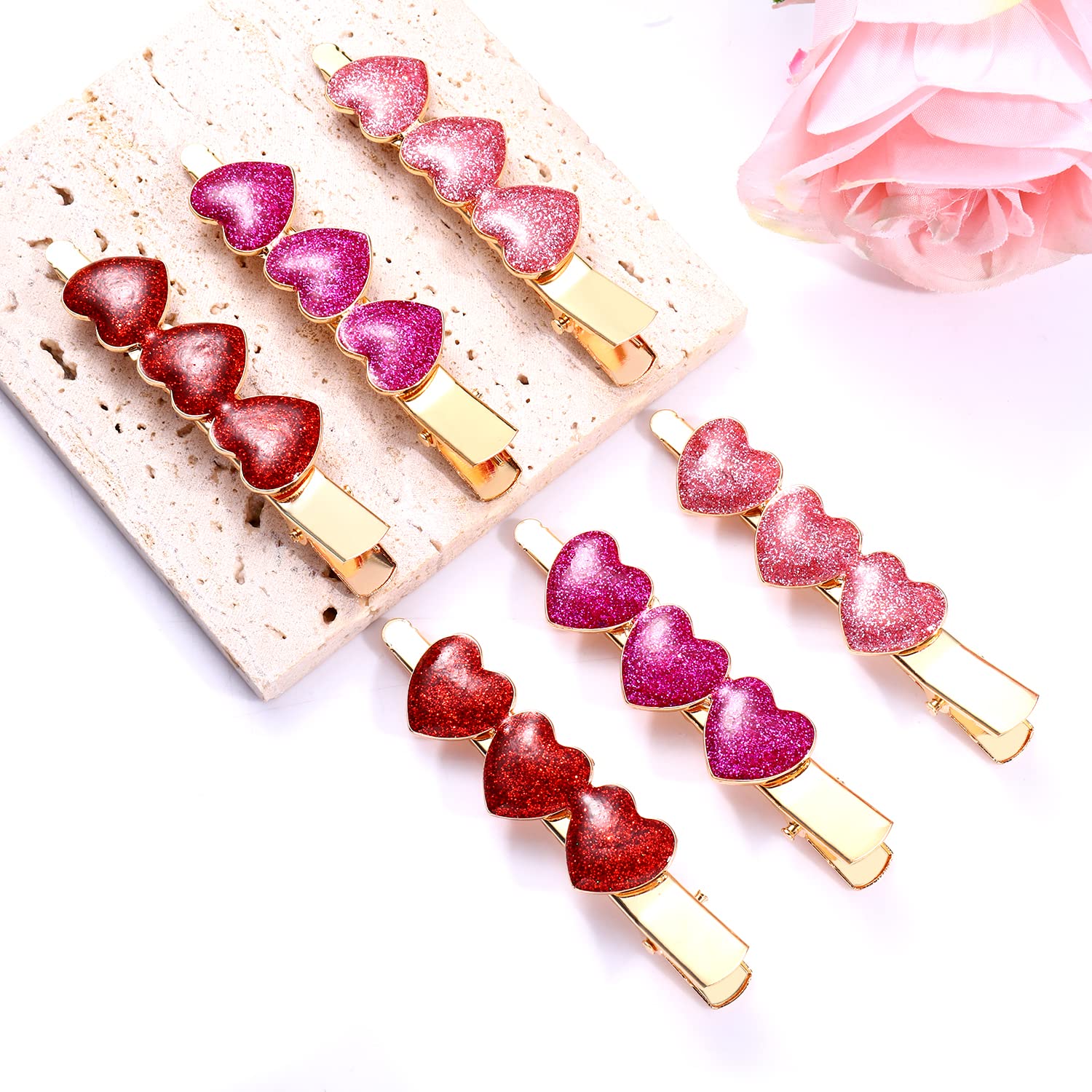 Boderier 6 Pack Valentine's Day Heart Hair Clips for Women - Red Pink Fuchsia Glitter Rhinestone Hair Barrettes | Romantic Hair Accessories for Date Night, Wedding, Party & Special Occasions