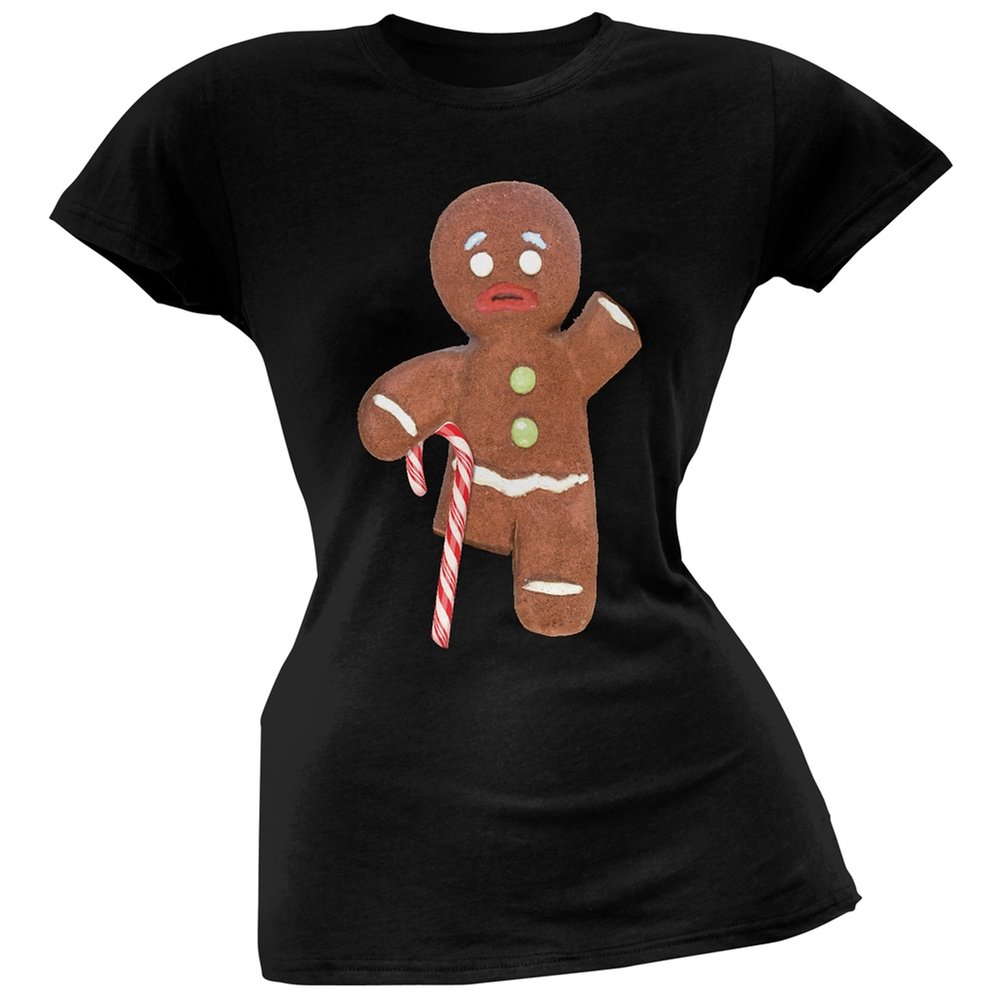 Old Glory Gingerbread Man with Candy Cane Crutch Black Soft Junior's T-Shirt - Small | Christmas Holiday Gift, Festive Winter Apparel, Cute Casual Outfit for Kids & Teens