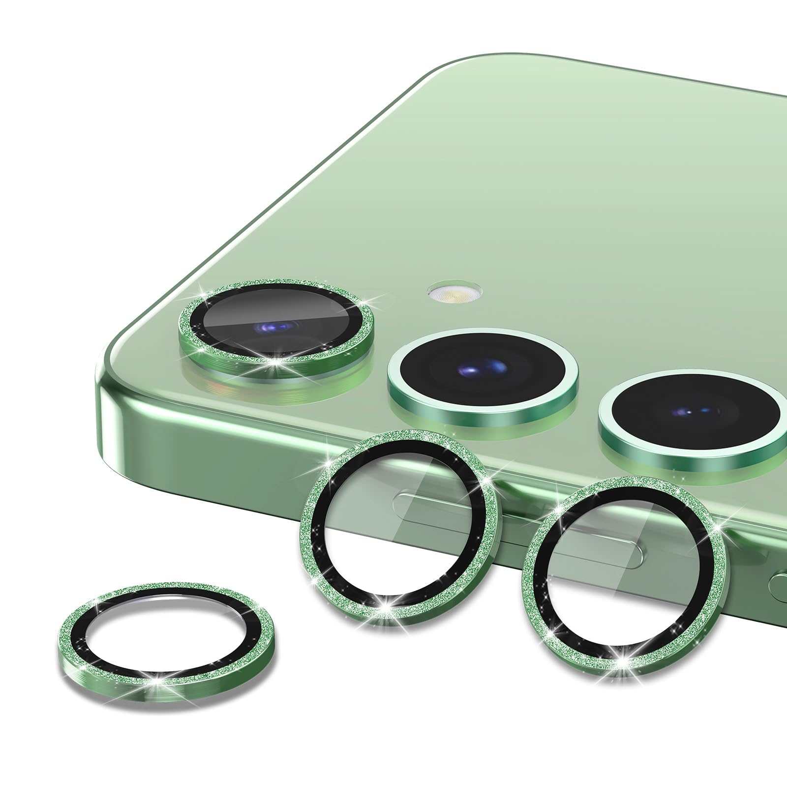 Premium Samsung Galaxy S24 FE Camera Lens Protector - Ultra Thin HD Clear Tempered Glass with Strong Adsorption & Scratch Resistant Metal Ring (Green Sparkly) - Perfect for Outdoor Photography, Travel & Daily Protection