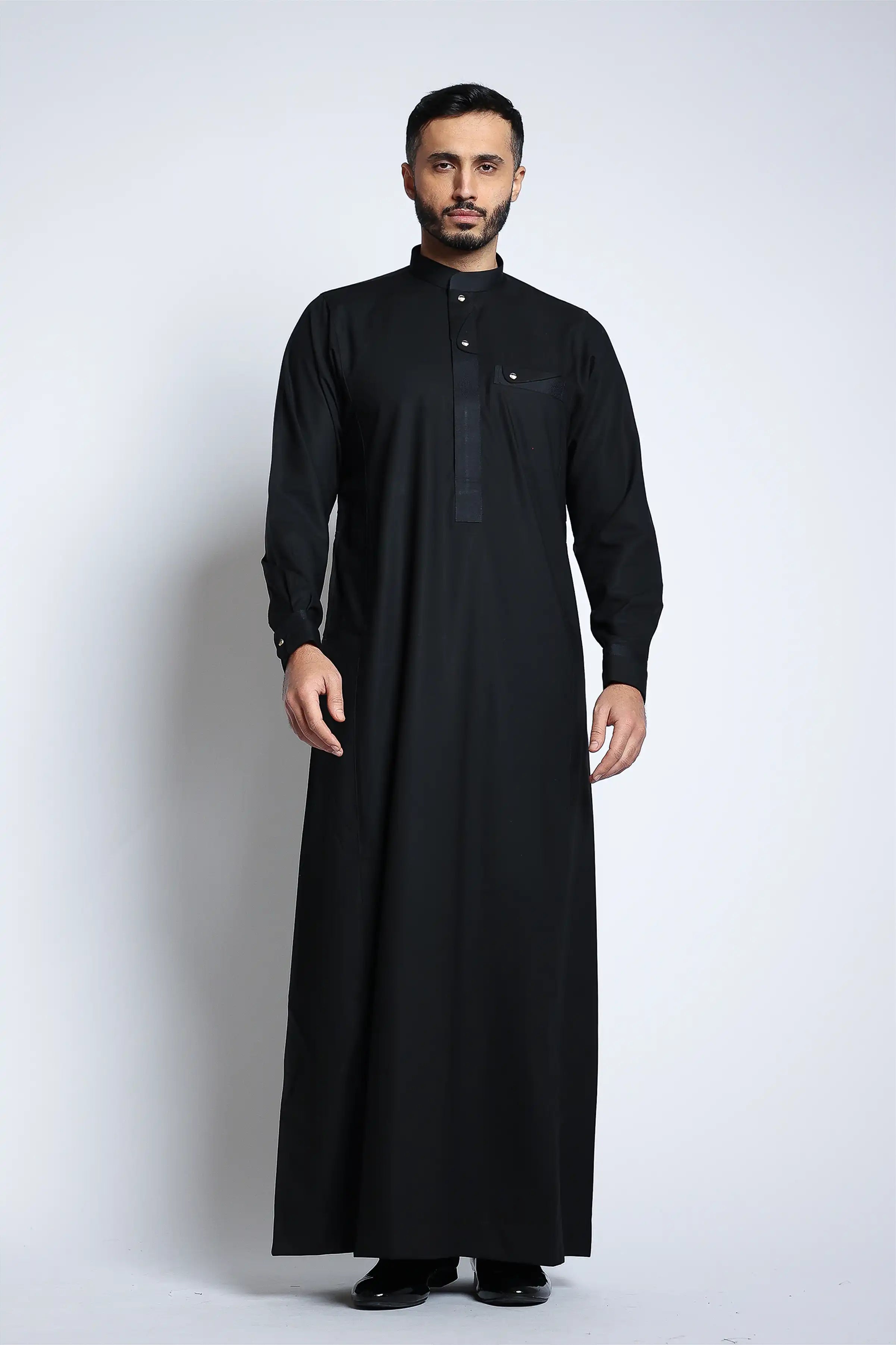 Premium J135 Black Lead Collar Thobe for Men - Traditional Islamic Robe for Prayer, Eid, and Special Occasions