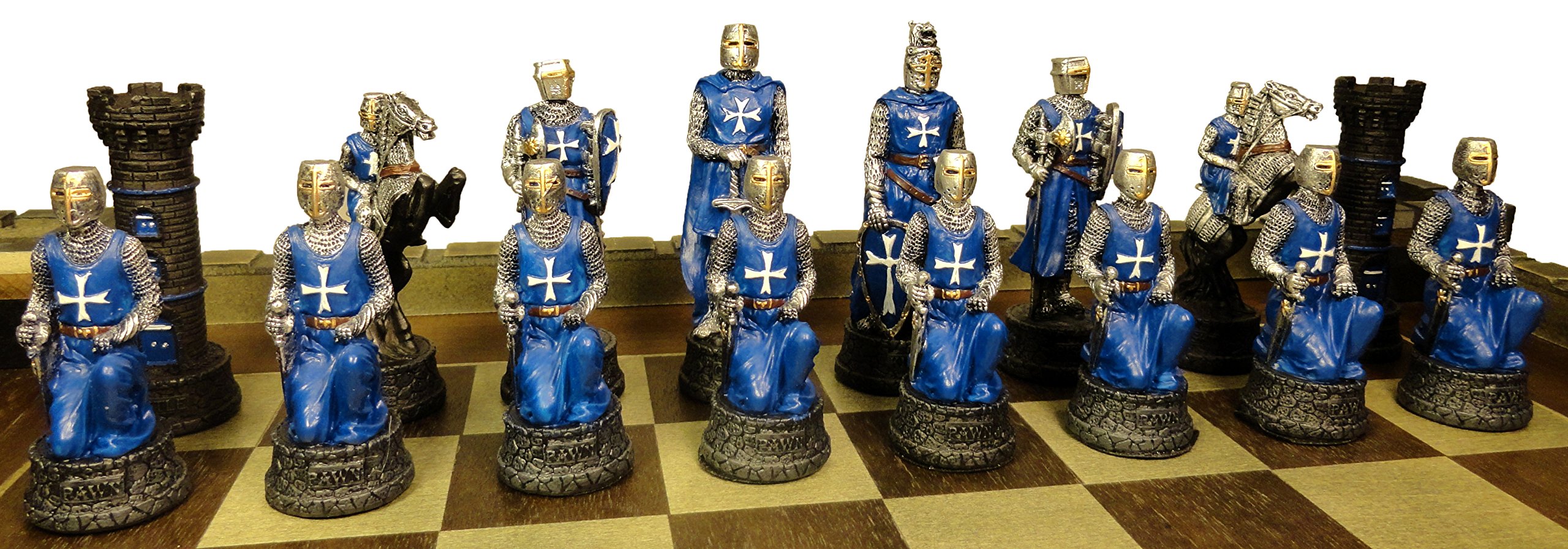 Hand-Painted Medieval Crusades Warrior Chess Set - White & Blue Pieces with 17.5