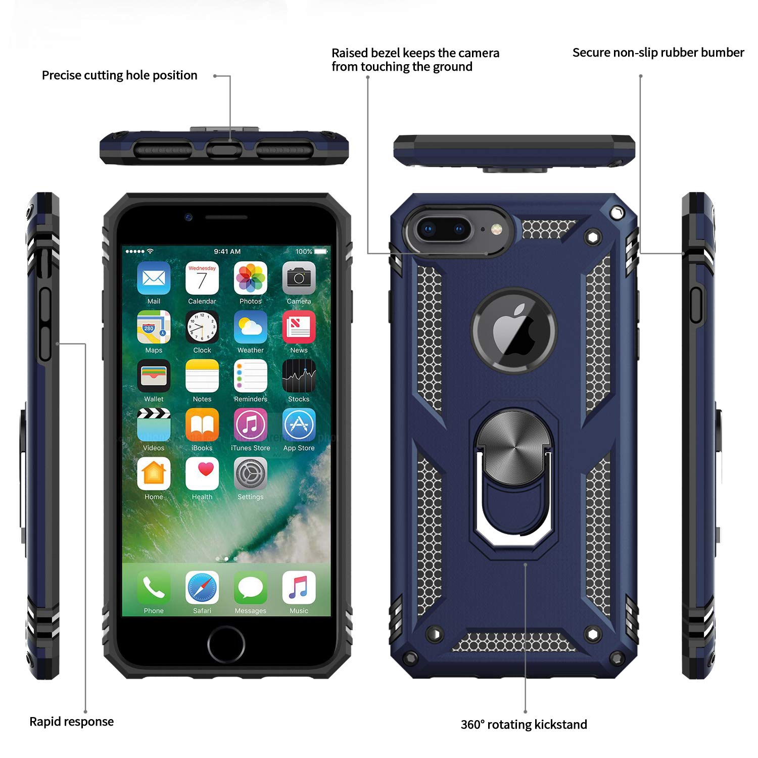 LeYi Shockproof Military-Grade iPhone 8 Plus/7 Plus/6s Plus/6 Plus Case with Tempered Glass Screen Protector [2 Pack] & Ring Kickstand - Blue | Perfect for Outdoor Activities, Travel & Daily Protection