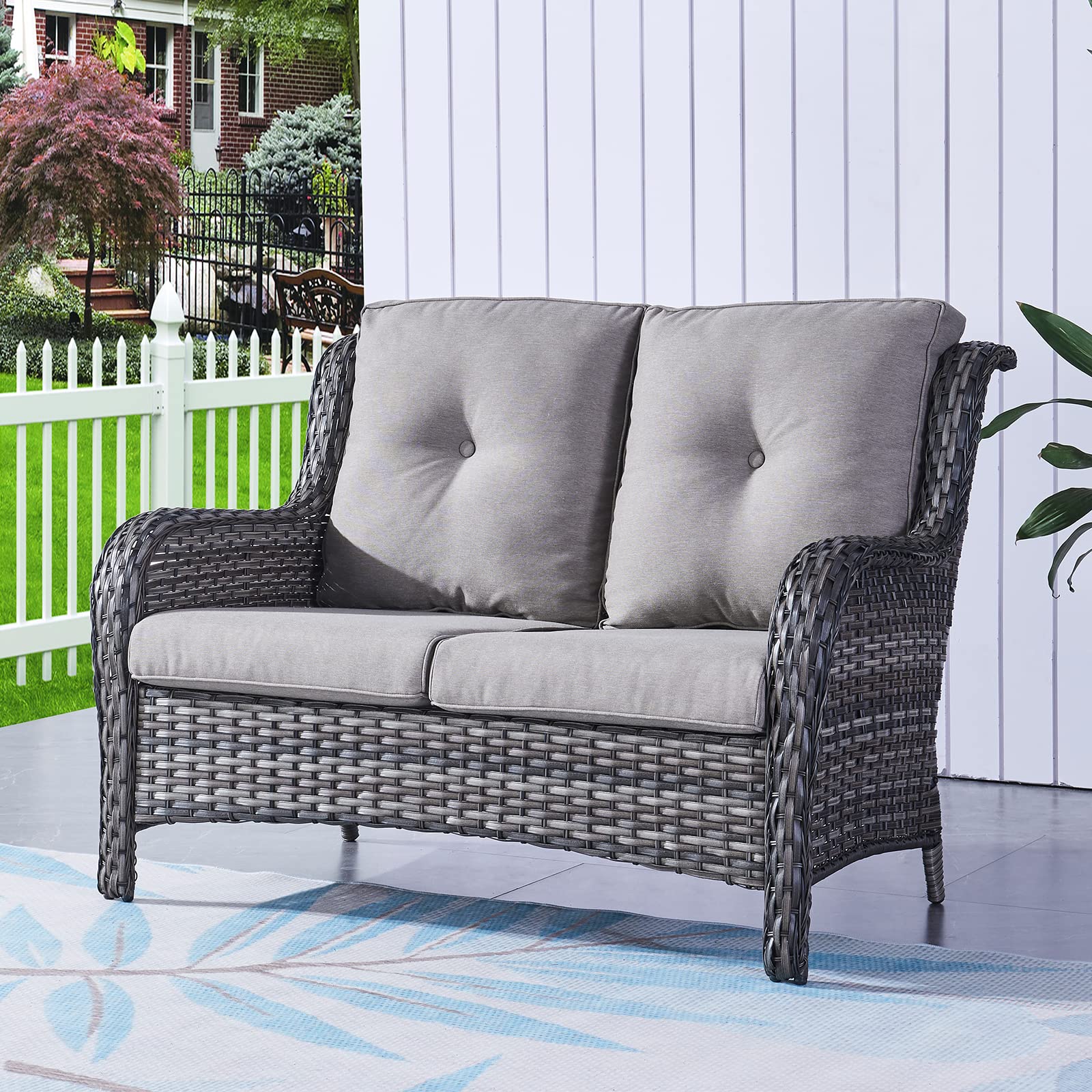 Outdoor Wicker Loveseat Patio Sofa - 2-Person Rattan Outdoor Couch with Deep Seating & Cushions, Weather-Resistant Patio Furniture for Porch, Deck, Balcony, Garden (Mixed Grey/Grey) - Perfect for Relaxing, Entertaining & Outdoor Lounging