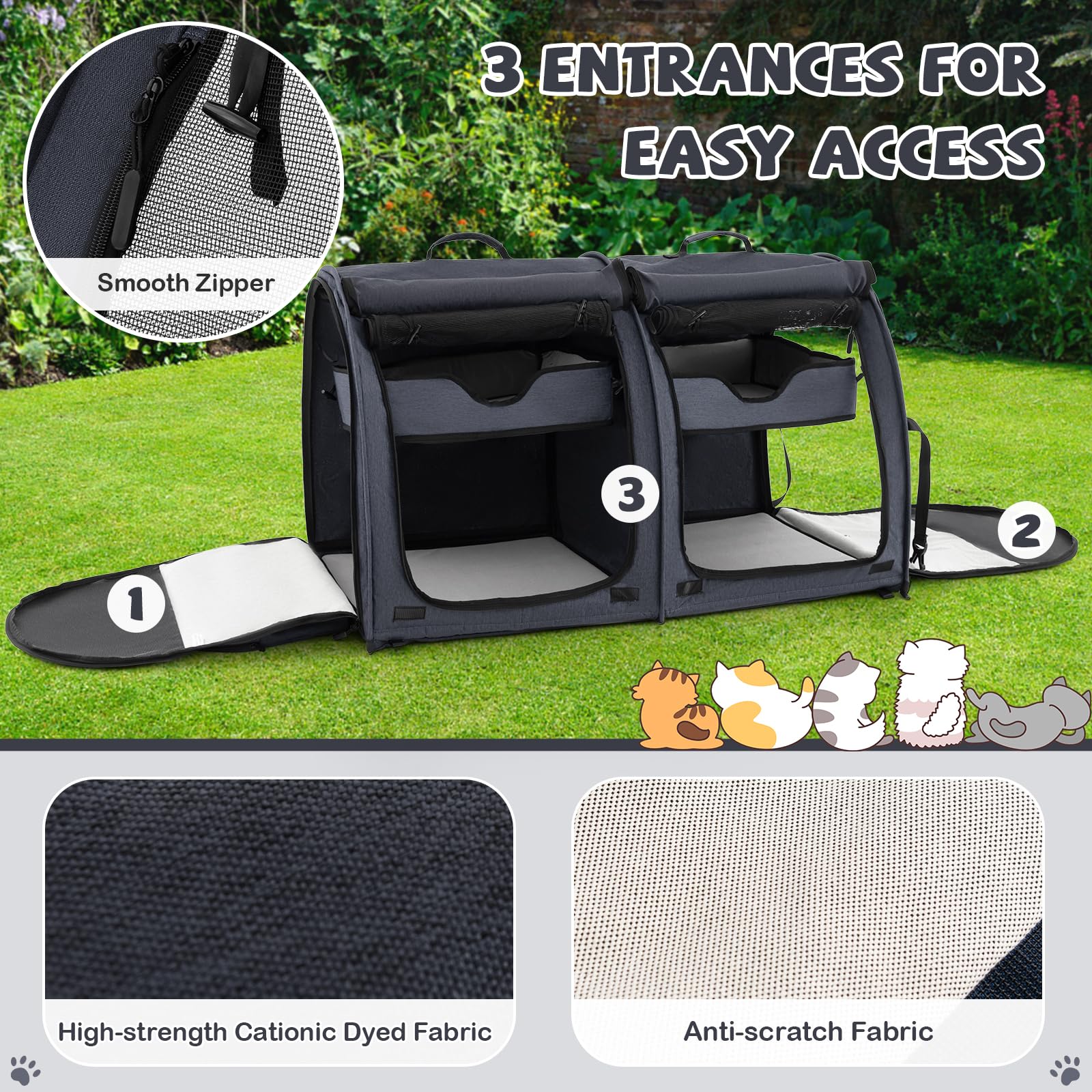 **40 Inch Large Cat Carrier with Double Compartments - Portable Soft-Sided Pet Kennel for Cats & Small Dogs, Includes 2 Removable Hammocks, Dual-use Mats & Litter Box, Carry Bag & Ground Stakes (Black) - Perfect for Travel, Vet Visits & Outdoor Adventures**