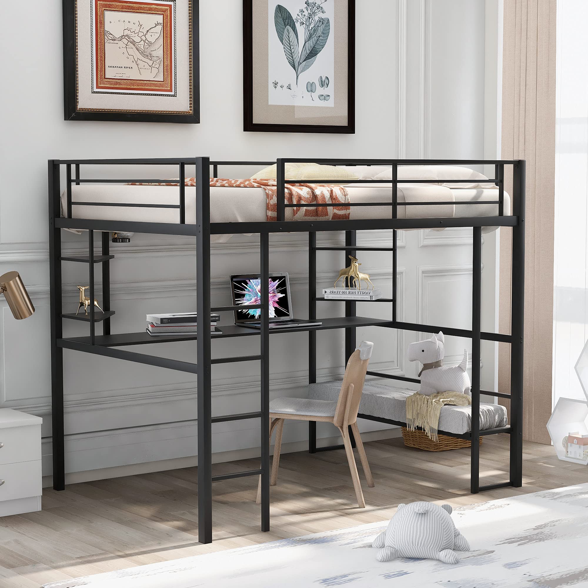 Full Size Metal Loft Bed with Desk & Shelves - Sturdy Black Platform Bed Frame for Kids & Teens - Space-Saving Study & Sleep Solution for Small Bedrooms, Dorms & Apartments (No Box Spring Needed)