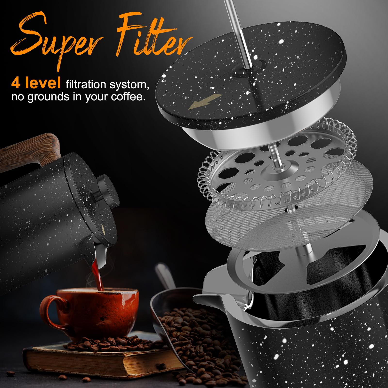 IKAPE 34 OZ French Press Coffee Maker - 304 Stainless Steel Espresso & Tea Brewer with 4-Level Filtration System (Starry Black) | Perfect for Home, Office & Camping Coffee Lovers