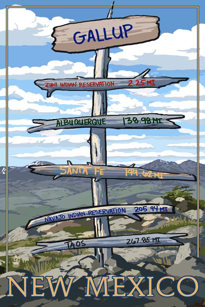 Gallup New Mexico Destination Signpost Mileage - 12x18 Vintage Wall Art Poster for Home & Office Decor | Perfect for Living Room, Bedroom, or Travel Themed Spaces