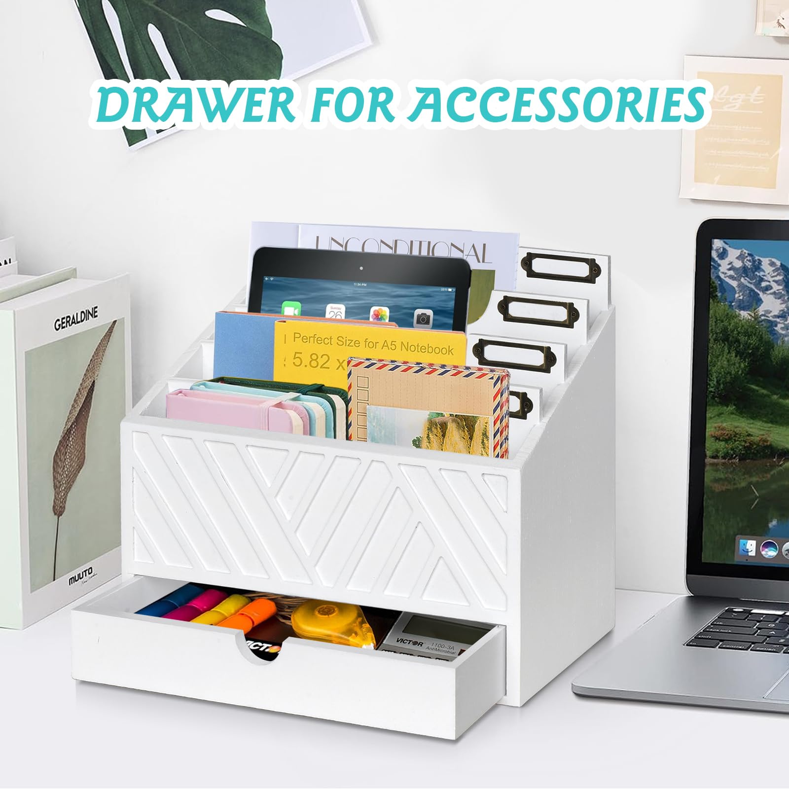 Wooden Mail Organizer with 4 Large Compartments & Drawer - Countertop Desk File Sorter for Letters, Papers, Folders - Perfect for Home Office, Mailroom & Workspace Organization
