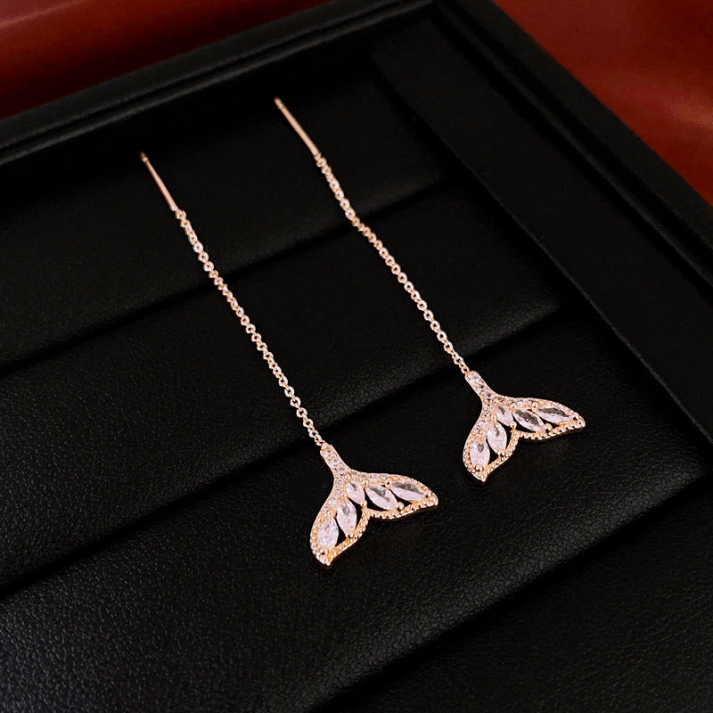 Tiny Mermaid Tail Diamond Threader Earrings - Delicate Silver Dainty Earrings for Women | Perfect for Beach Parties, Mermaid Themed Events & Everyday Wear | A8449