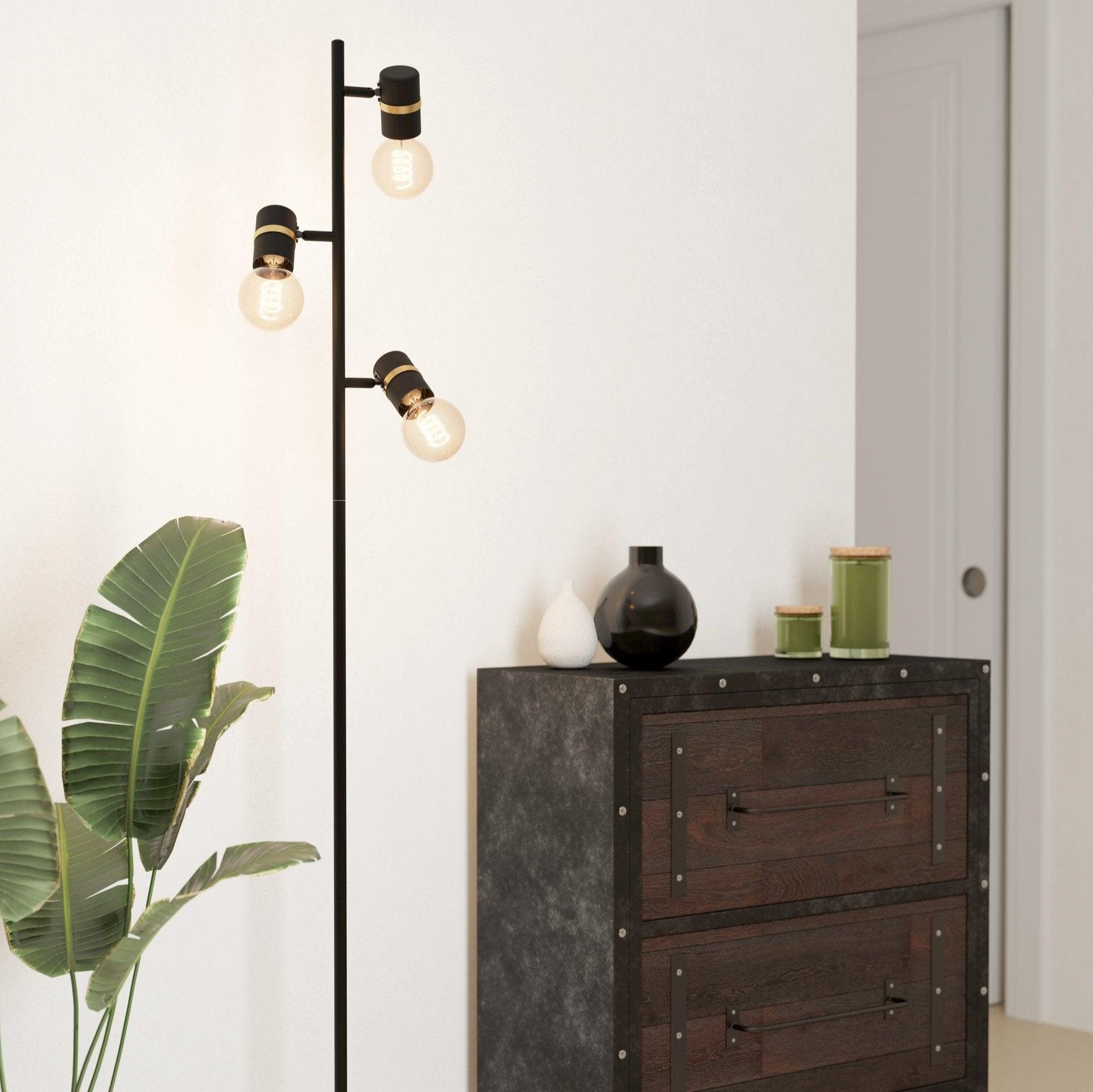 Eglo Lurone Adjustable 3-Light Floor Lamp in Black & Brass - Modern Lighting for Living Room, Bedroom, or Office