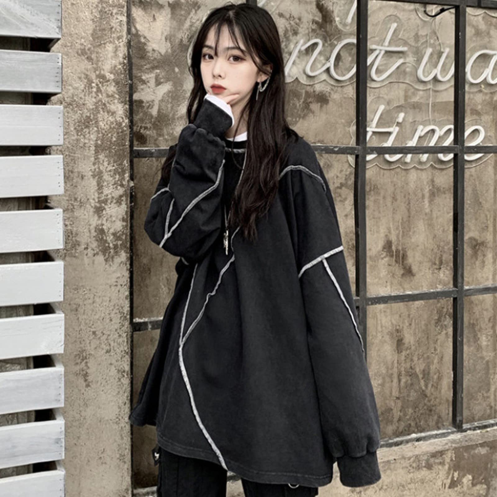 Gothic Long Sleeve Sweatshirt for Women - Oversized Loose Fit Dark Black Pullover Top for Spring and Autumn | Casual Streetwear, Layering Essential, Gothic Fashion Outfits